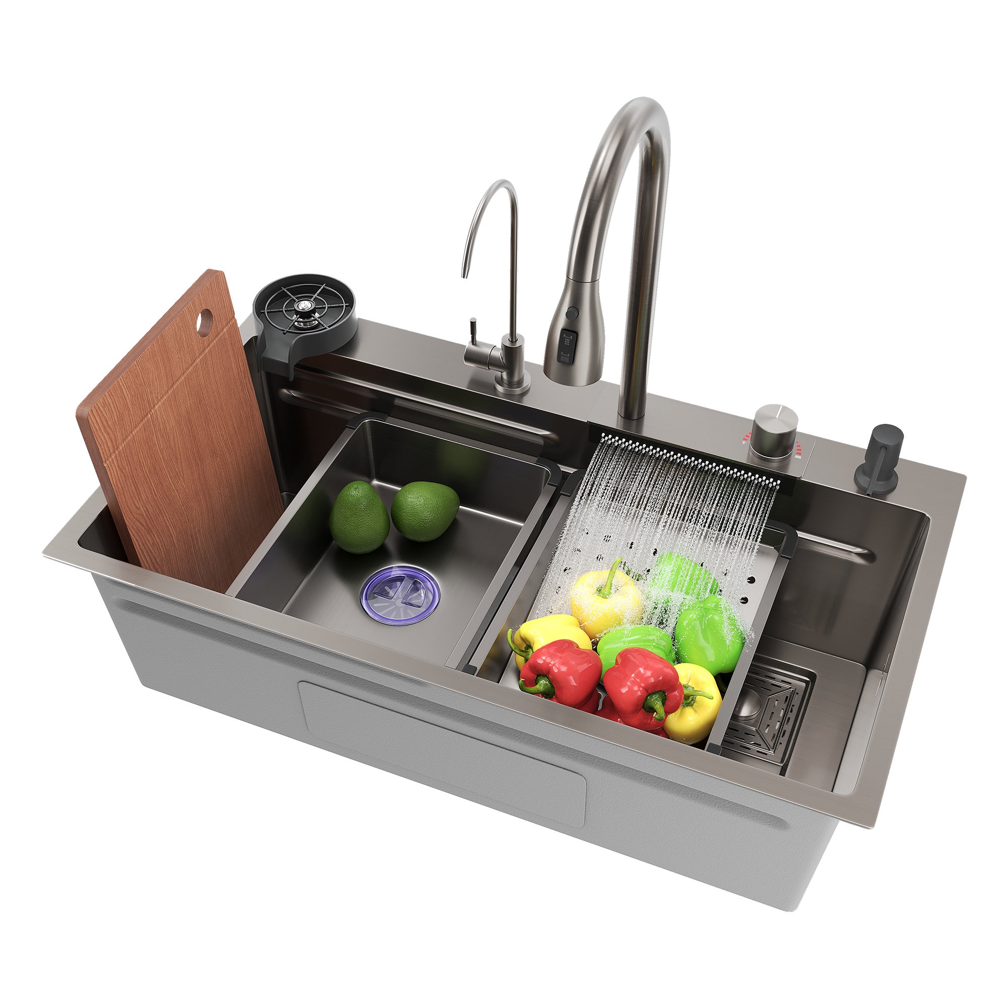 Évier de cuisine à simple bol en acier inoxydable avec robinet amovible Raindance Cascade Évier encastrable en acier inoxydable avec lave-tasses