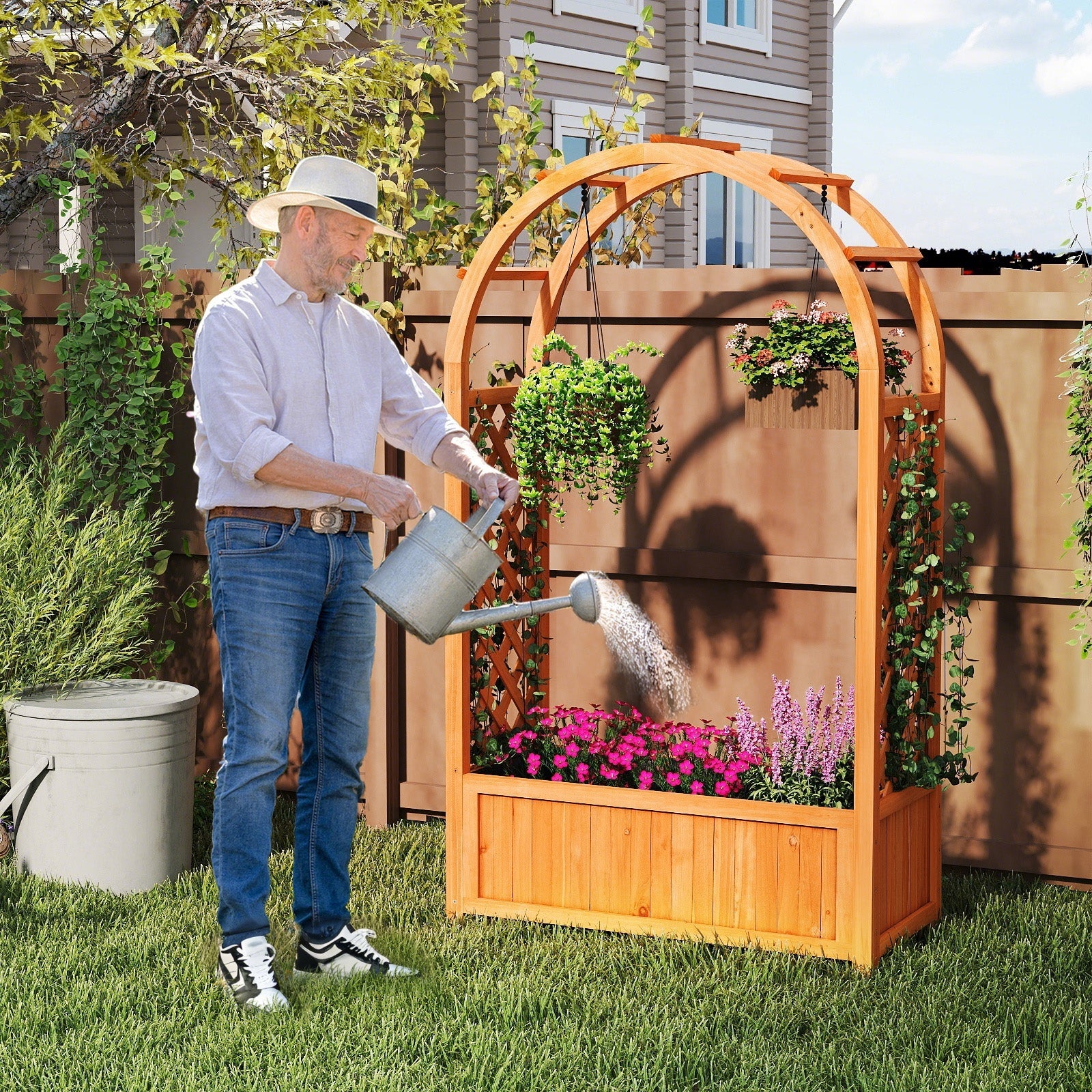 Jardinière Élevée avec Treillis en Arc, Bac à Plantes en Bois avec Doublure et Système de Drainage pour Vignes, Rampantes, Fleurs, Légumes - 8