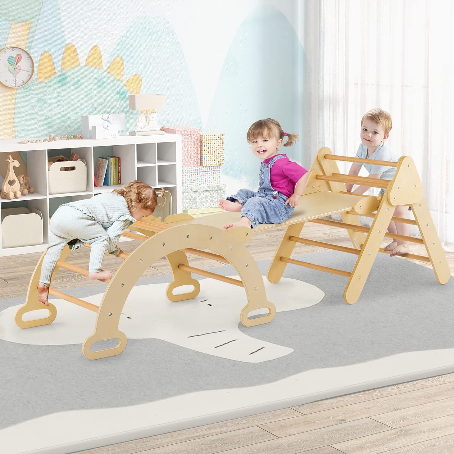 Arco Montessori a triangolo 7 in 1, arco per bambini con scivolo in legno, rampa, scala regolabile, portata 50 KG bambini da 1 anno in su, naturale - 7