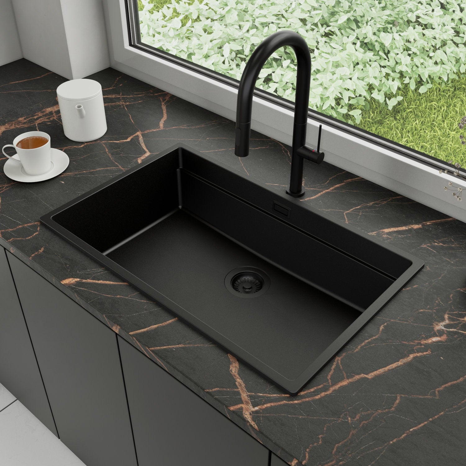 Zlewozmywak Granitowy 76x47cm, do szafki od 80cm + Bateria + Syfon - Coral Cały Czarny STONESTYLE