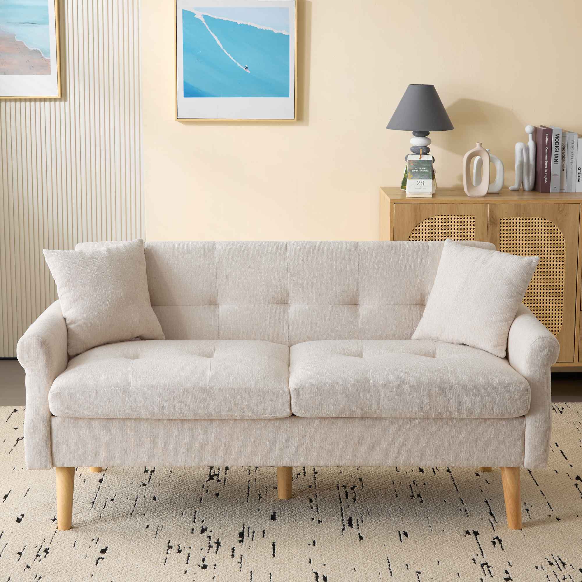 Nowoczesna sofa dwuosobowa z tkaniny chenille z grubymi poduszkami 15 cm, 162x74x77 cm, beżowa