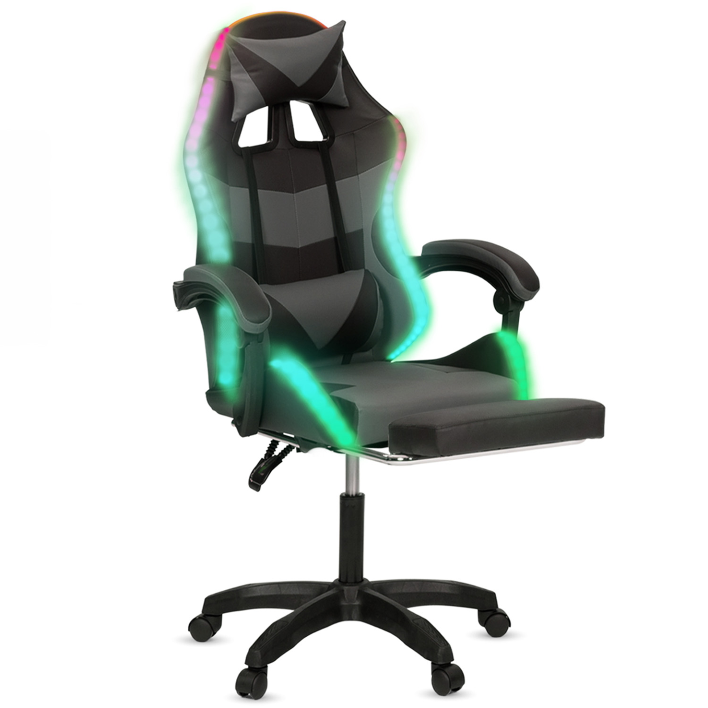 Fauteuil de gaming LED LUC avec repose-pied, coussin de tête et support lombaire noir et gris - 2