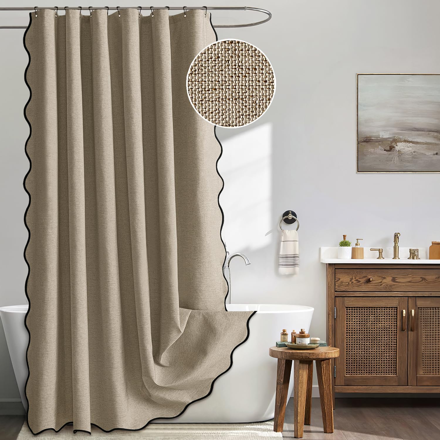 Zasłona prysznicowa wachlarzowa, imitacja lnu, z haczykami, do czystej i suchej łazienki – 1 sztuka, brązowa, 90 x 180 cm