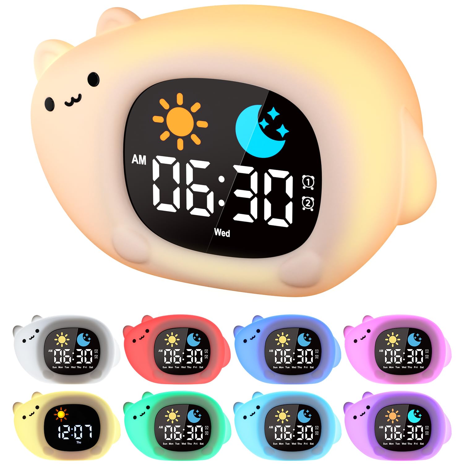 Budzik dla dzieci z lampką nocną, budzik LED dla dzieci z lampką nocną, 1800 mAh, funkcja drzemki, 6 białych szumów