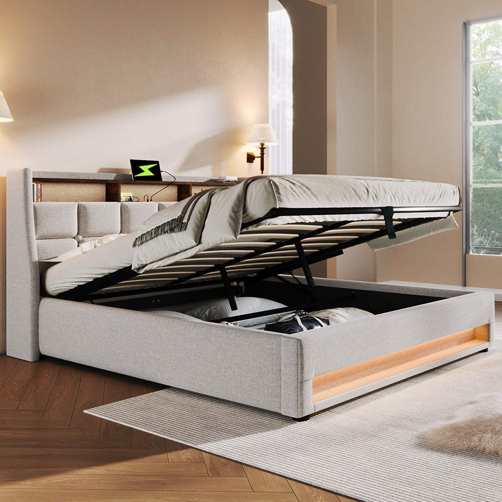 Lit coffre 140x200 cm Lit rembourré avec USB Lit simple LED avec sommier à lattes métalliques pour adolescents Sans matelas Beige - 4