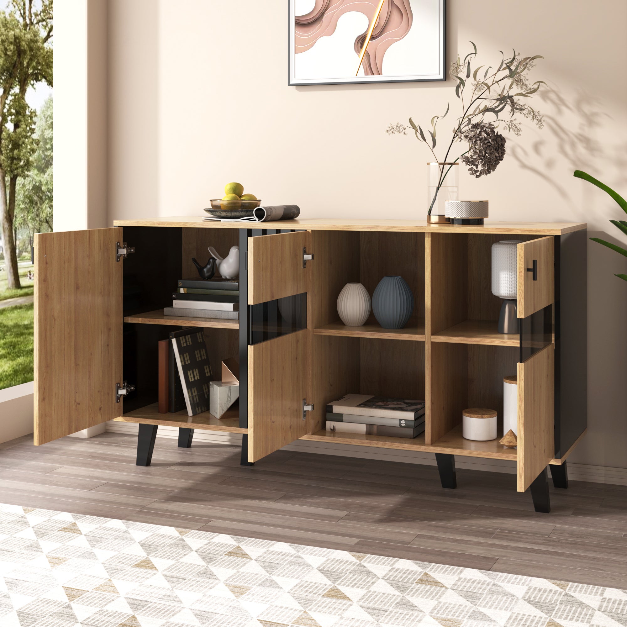 Komoda niska z 3 drzwiami - 140 x 78,5 x 41 cm - Szkło i płyta wiórowa - Diody LED - Naturalny - 6