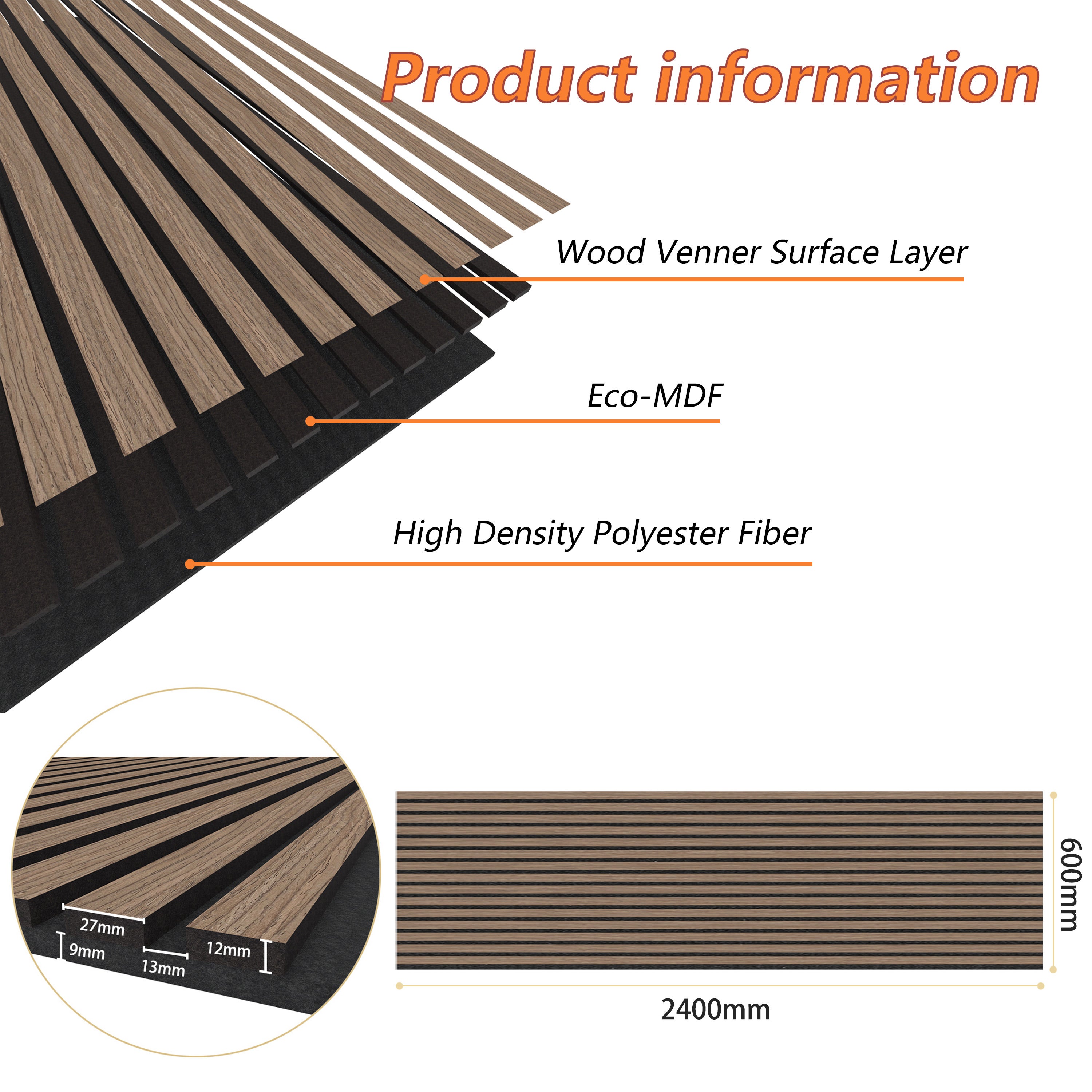 Lot de 3 Panneaux Muraux Décoratifs Acoustiques Bois MDF 240x60cm Noyer AntiBruit, Facile à Poser - 3