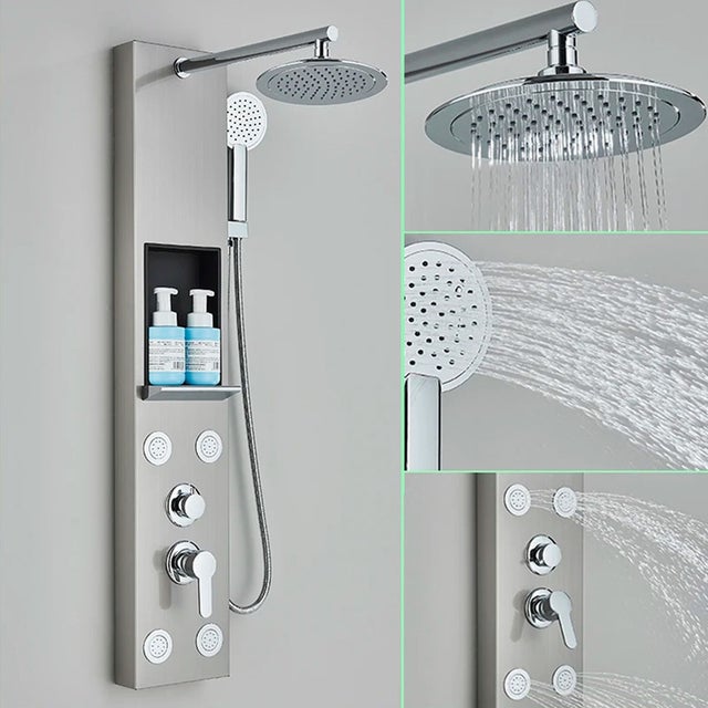 Panneau de douche argenté grand écran, pommeau de douche cascade, mitigeur à jet de massage, robinet de douche de salle de bain