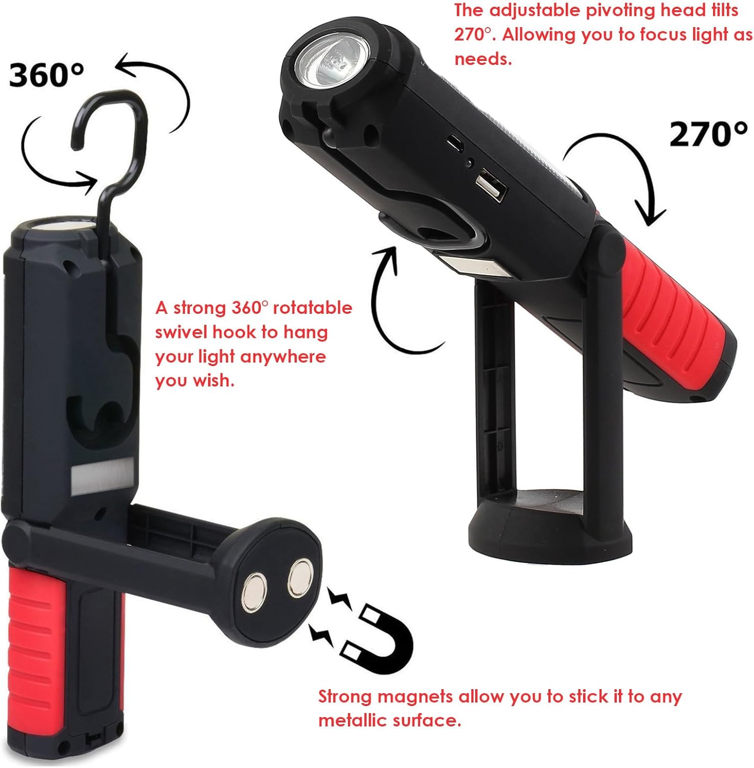 Lampe de Travail Rechargeable Rechargeable Puissante, Baladeuse LED Lampe Atelier avec Base Magnétique, Torche pour Auto, Atelier, Camping et Urgence - 4