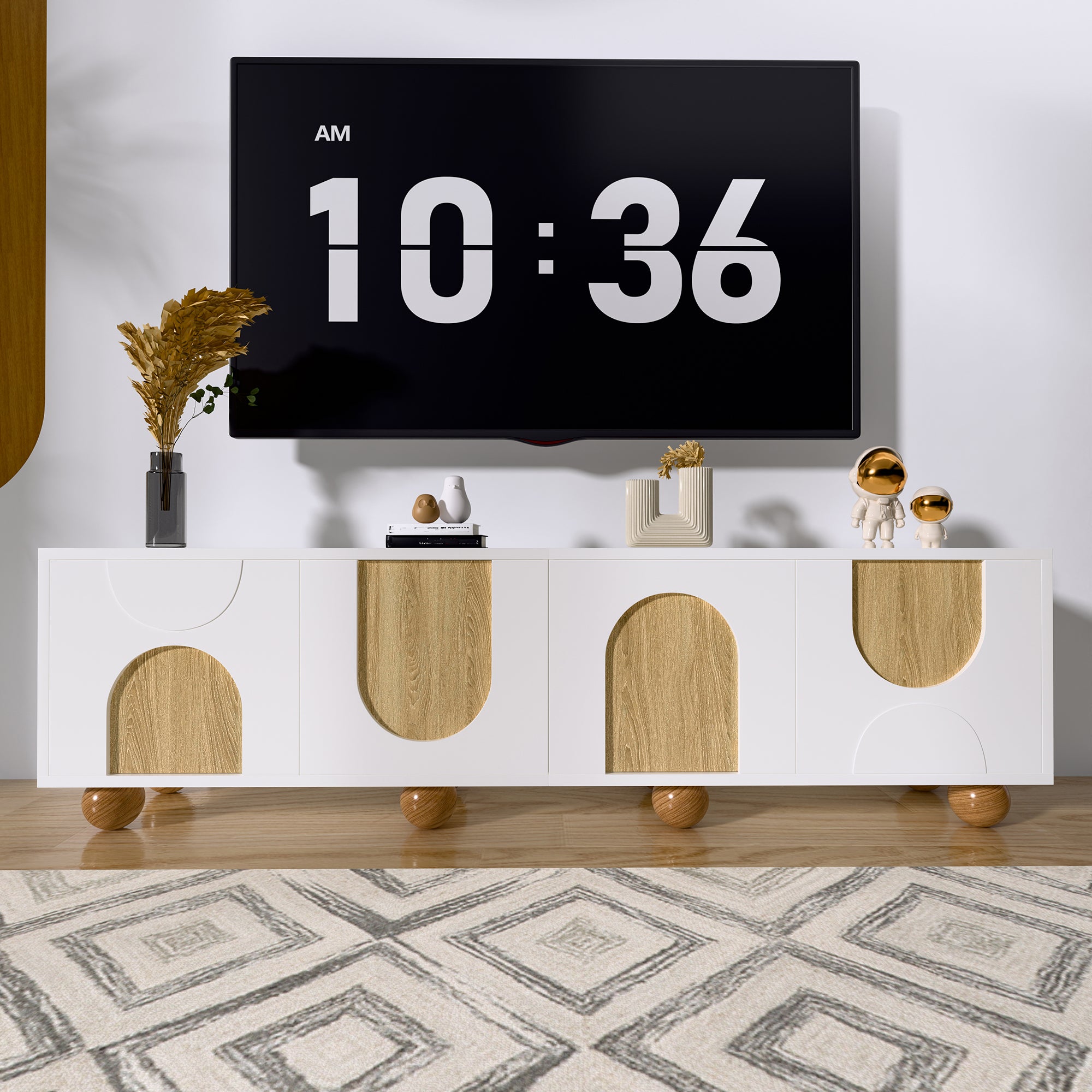 Stolik pod TV z 4 drzwiami - 175 x 38 x 50 cm - MDF i okrągłe nogi - do salonu - Biały + naturalny