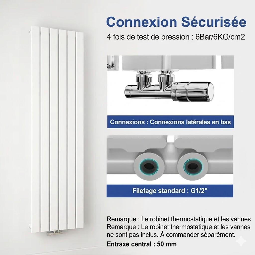 Heilmetz Radiateur à Eau Chaude Vertical en Acier, Chauffage Central Design Blanc 850W - H.160 x l.46 cm - 3