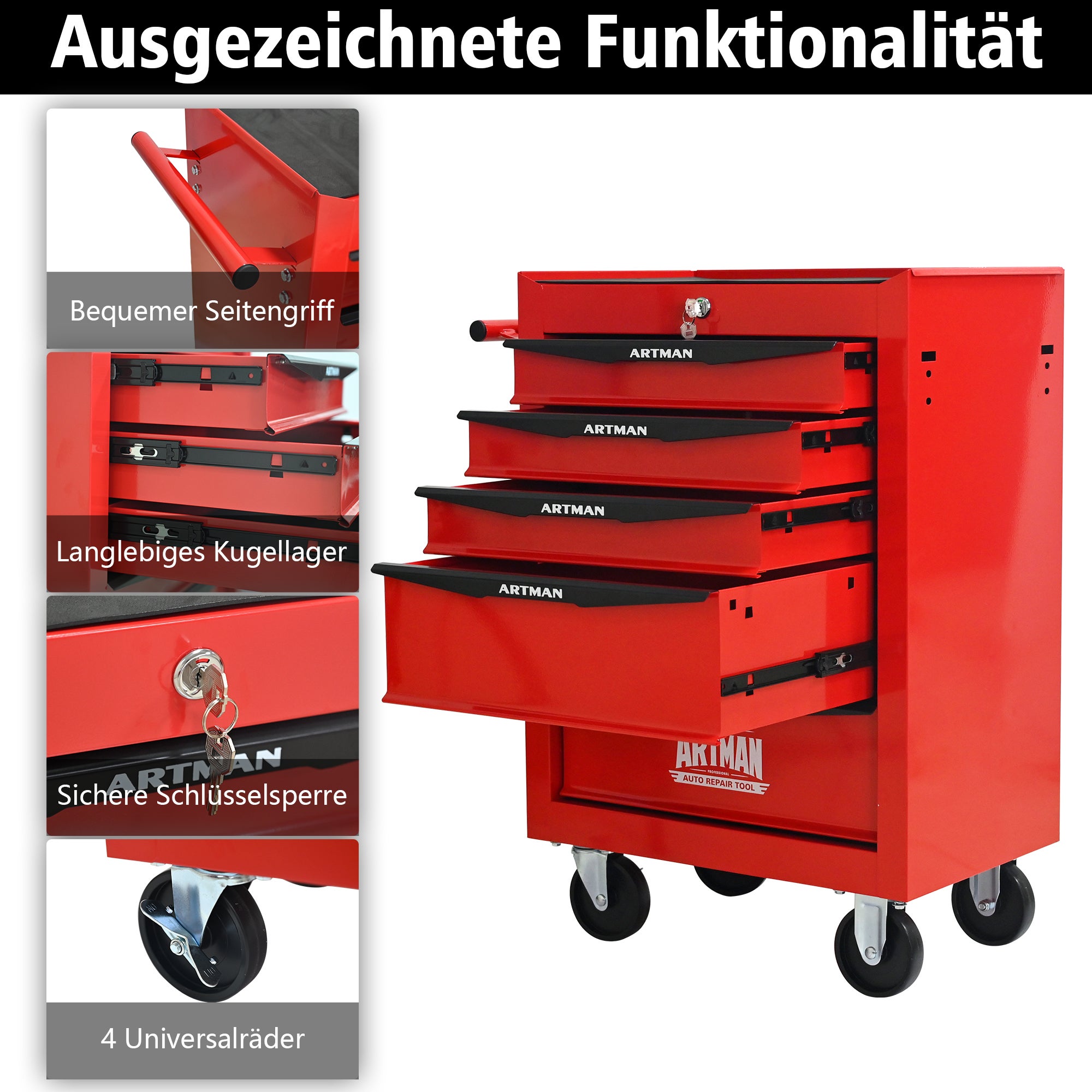 Coffre à outils métallique à roulettes avec 5 tiroirs, armoire à outils pliable en 5 parties avec glissières à billes - 8