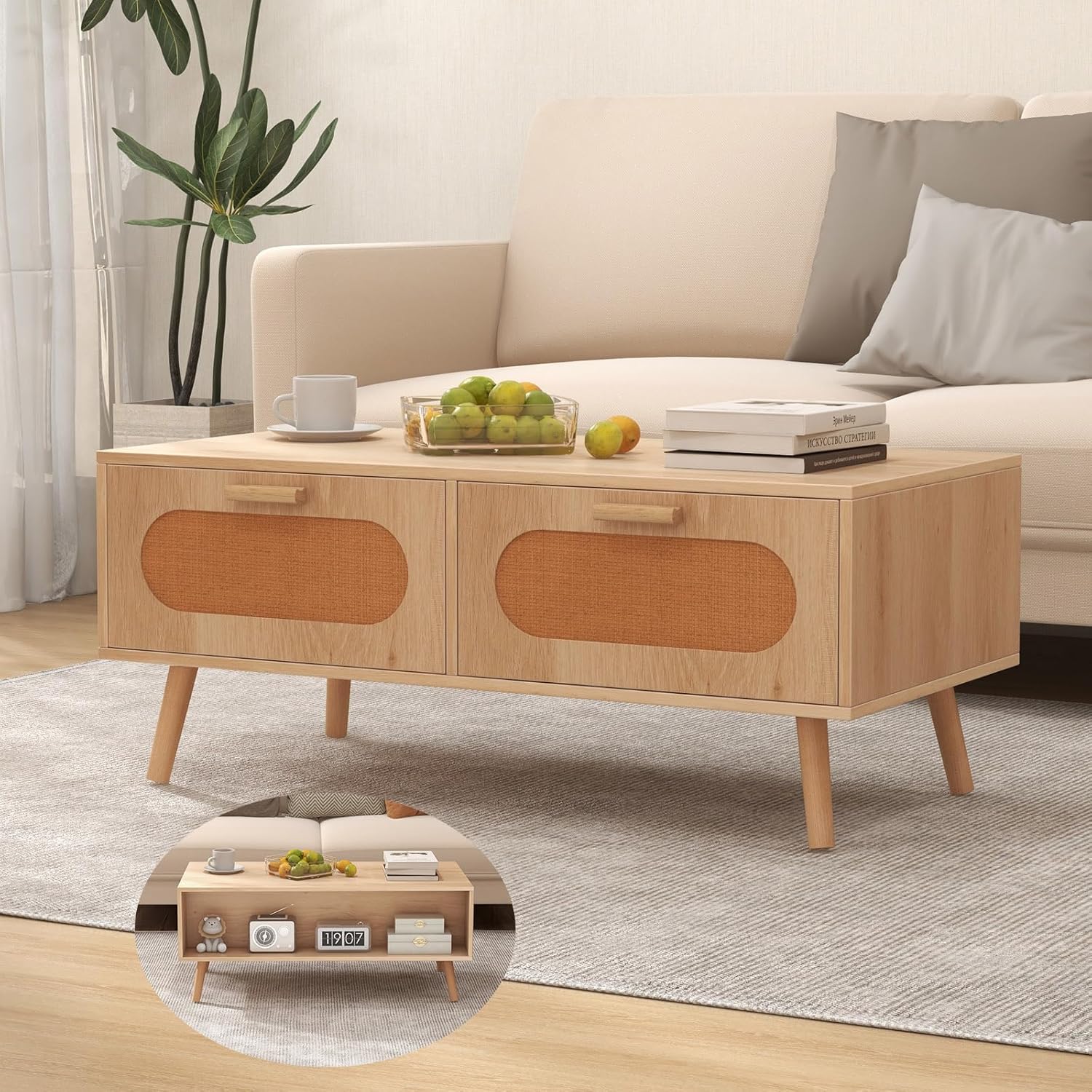 Francuski Stolik Kawowy w Stylu Vintage, 2 Szuflady z Drzwiami z Rattanu i Przestrzenią za Blatem, Drewno MDF, 100 x 50 x 41 cm, Nośność 75 kg