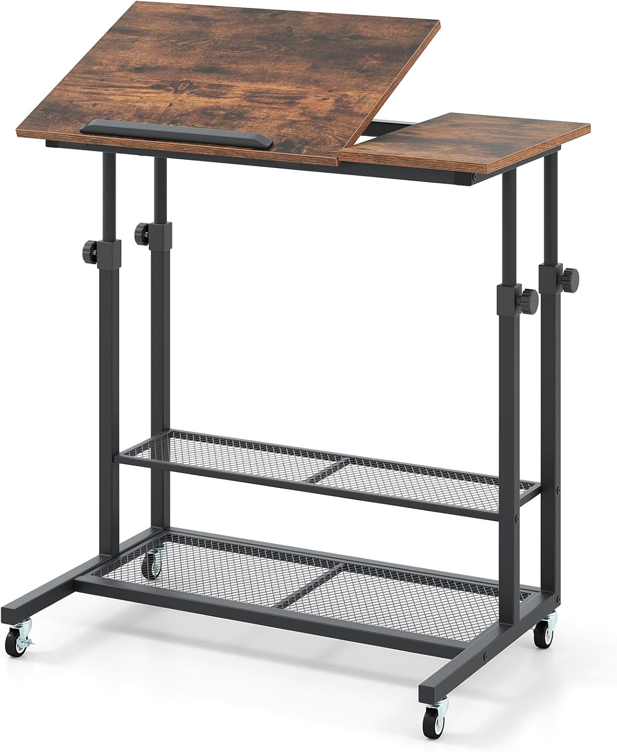 GIANTEX Tavolino Laterale a Forma di C con Rotelle, Tavolino da Divano a 3 Livelli con Tasca Portaoggetti, Tavolino in Metallo Industriale, Tavolino