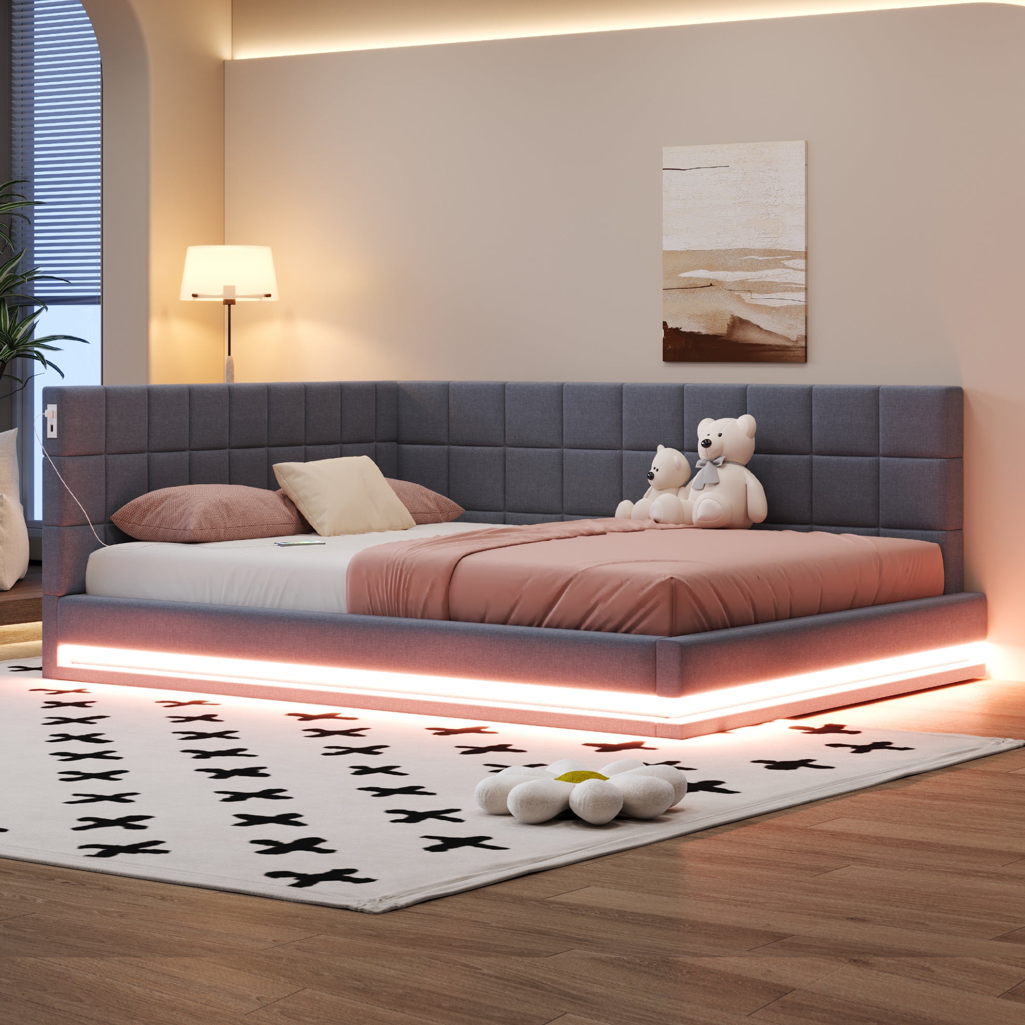 Sofa rozkładana tapicerowana 160x200cm - z oświetleniem LED - z wtyczką USB - tkanina aksamitna - szara