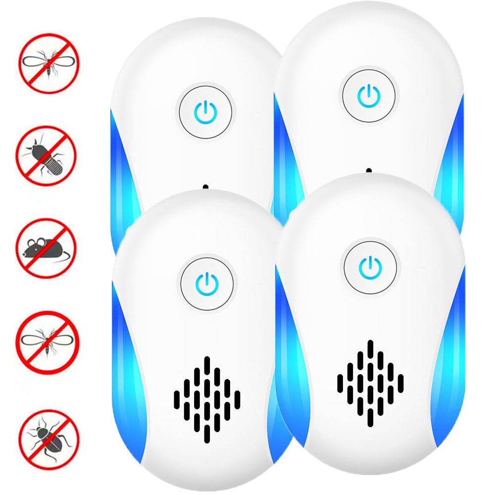 Répulsif à Ultrasons Contre Nuisibles - Pack De 4 - Couvre 140 M² Par Appareil - 3 Modes - Noir