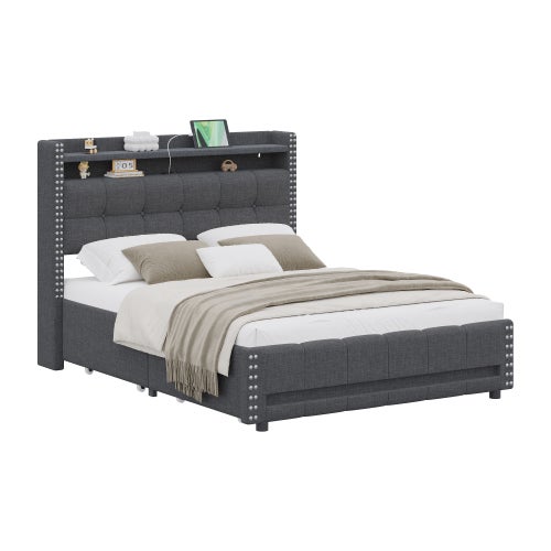 Lit Capitonné FURNISTAR Sofia 140x200 Cm Avec Coffre De Rangement - Tête De Lit Moderne, Sommier à Lattes - Taupe, Sans Matelas