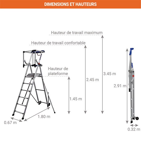 PIRL aluminium 5 marches - Hauteur max. de travail 3.45m - PIRLF6-P/ALU - 2