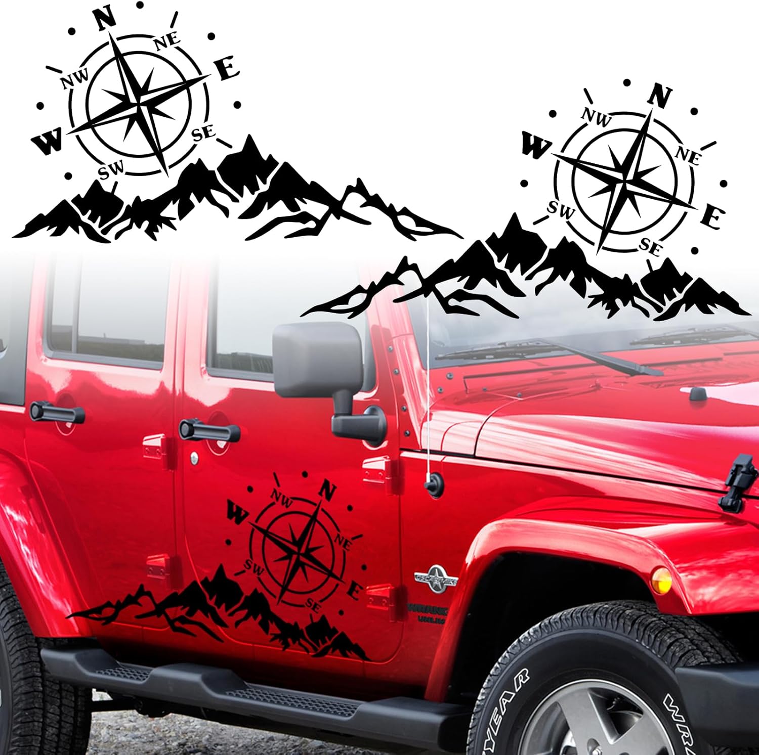 Autocollant Voiture Vinyle – Montagne Avec Boussole – Choix De Couleur