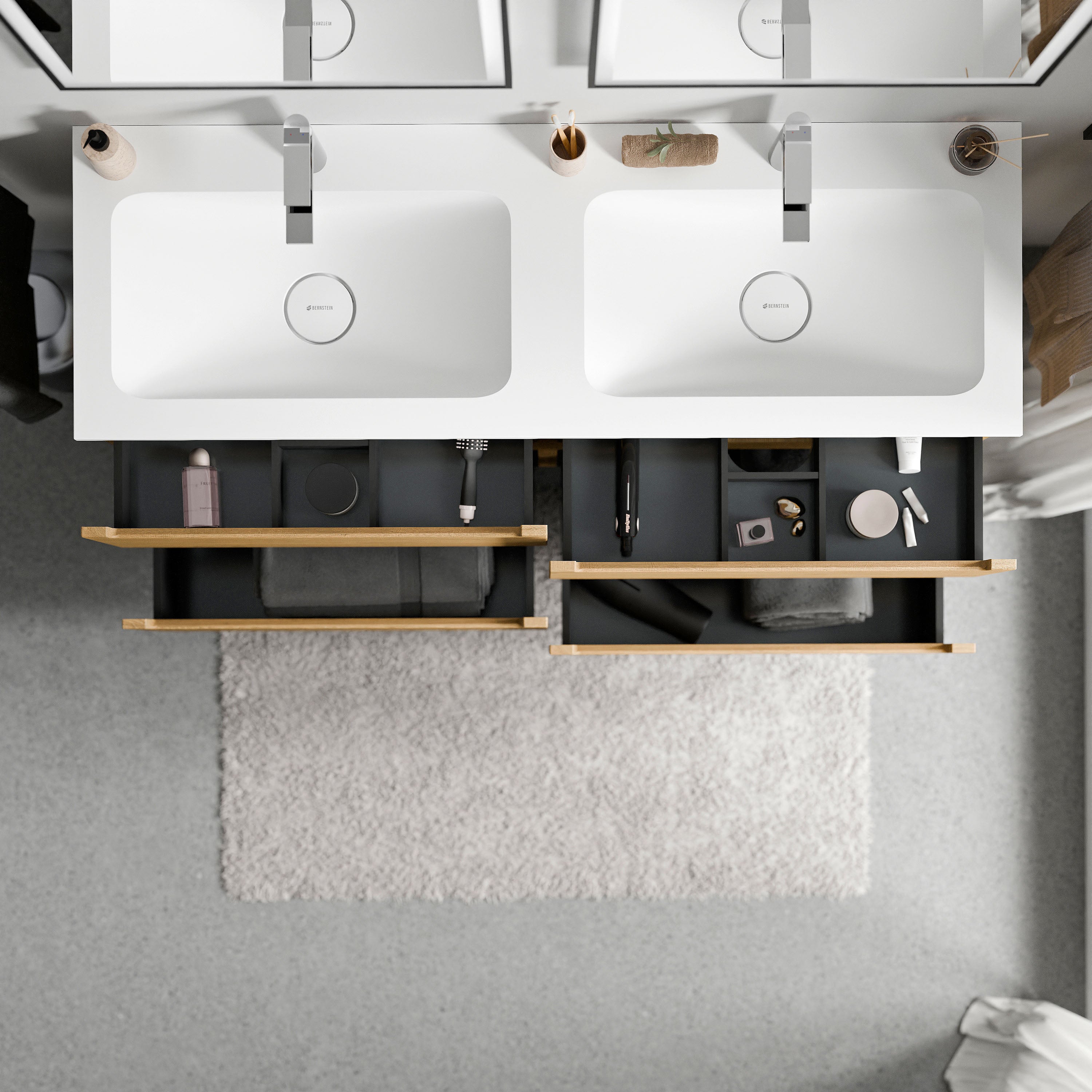 BERNSTEIN - Meuble double vasque suspendu MDF Chêne miel, lavabos fonte Blanc mat + trous robinet, tiroirs pivotants - 120x46x62cm - VIREO - 3