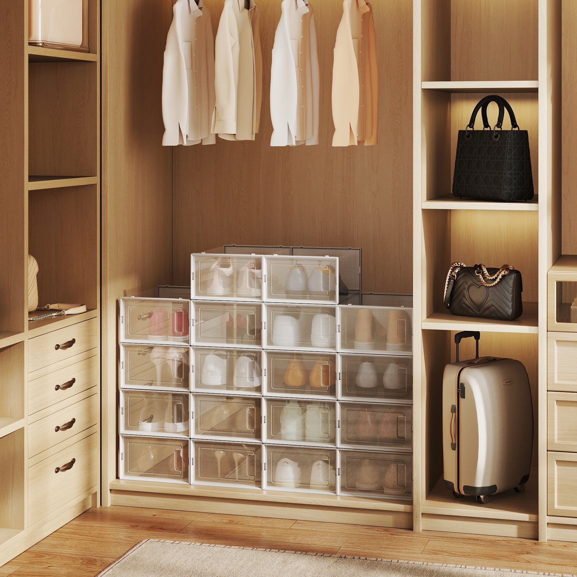 Boîtes à Chaussures, Lot de 18, Organisateur de Chaussures en Plastique, Pliable et Empilable, jusqu'à la Pointure 44, Transparent et Blanc - 2