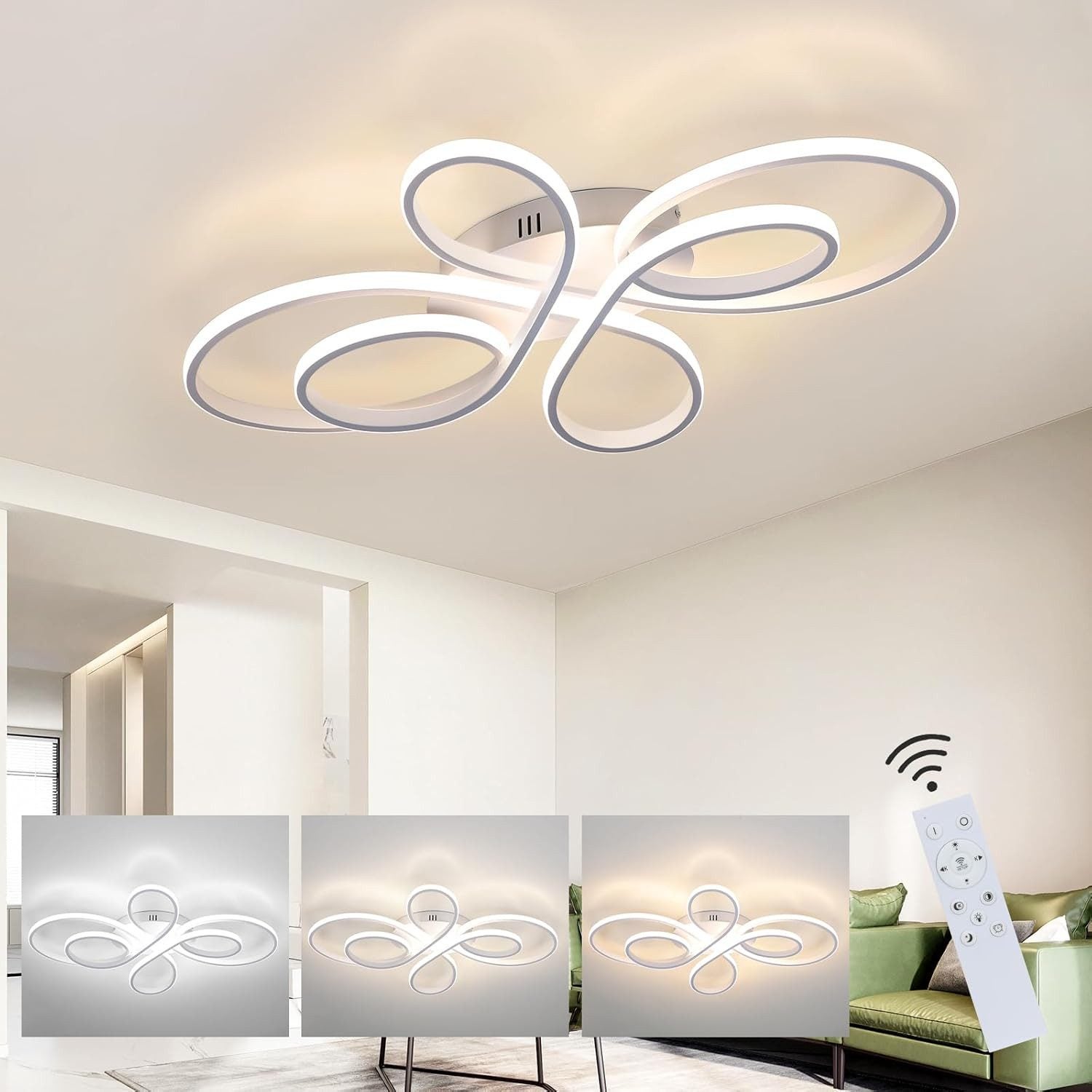 NETTLIFE Ściemnialna lampa sufitowa LED 26 cali Nowoczesna biała lampa do sypialni 65 W z pilotem Duża do salonu i gabinetu