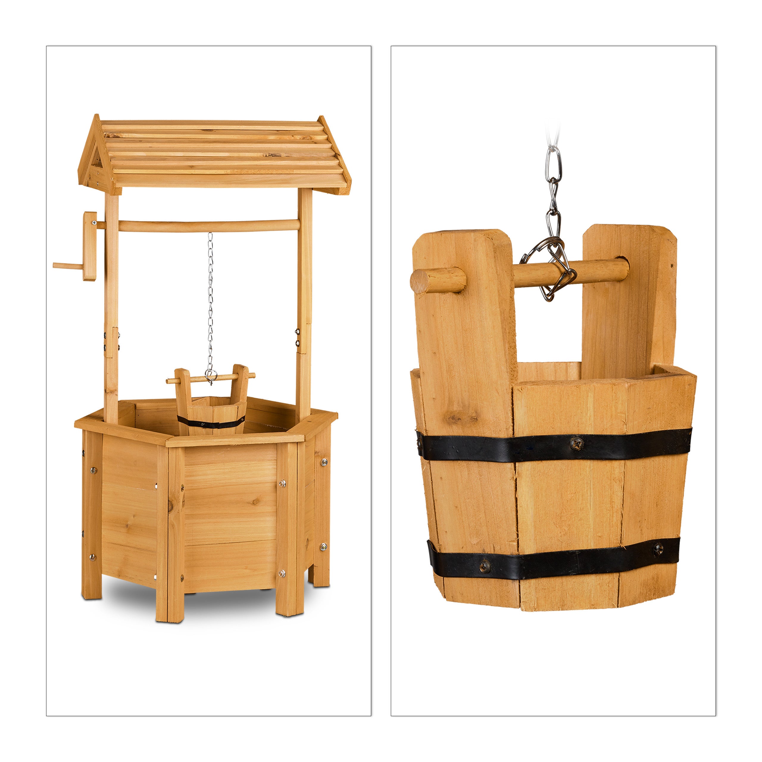 Puit de décoration jardin en bois avec seau et manivelle HxlxP: 82 x 47 x 41 cm, nature, Relaxdays - 6