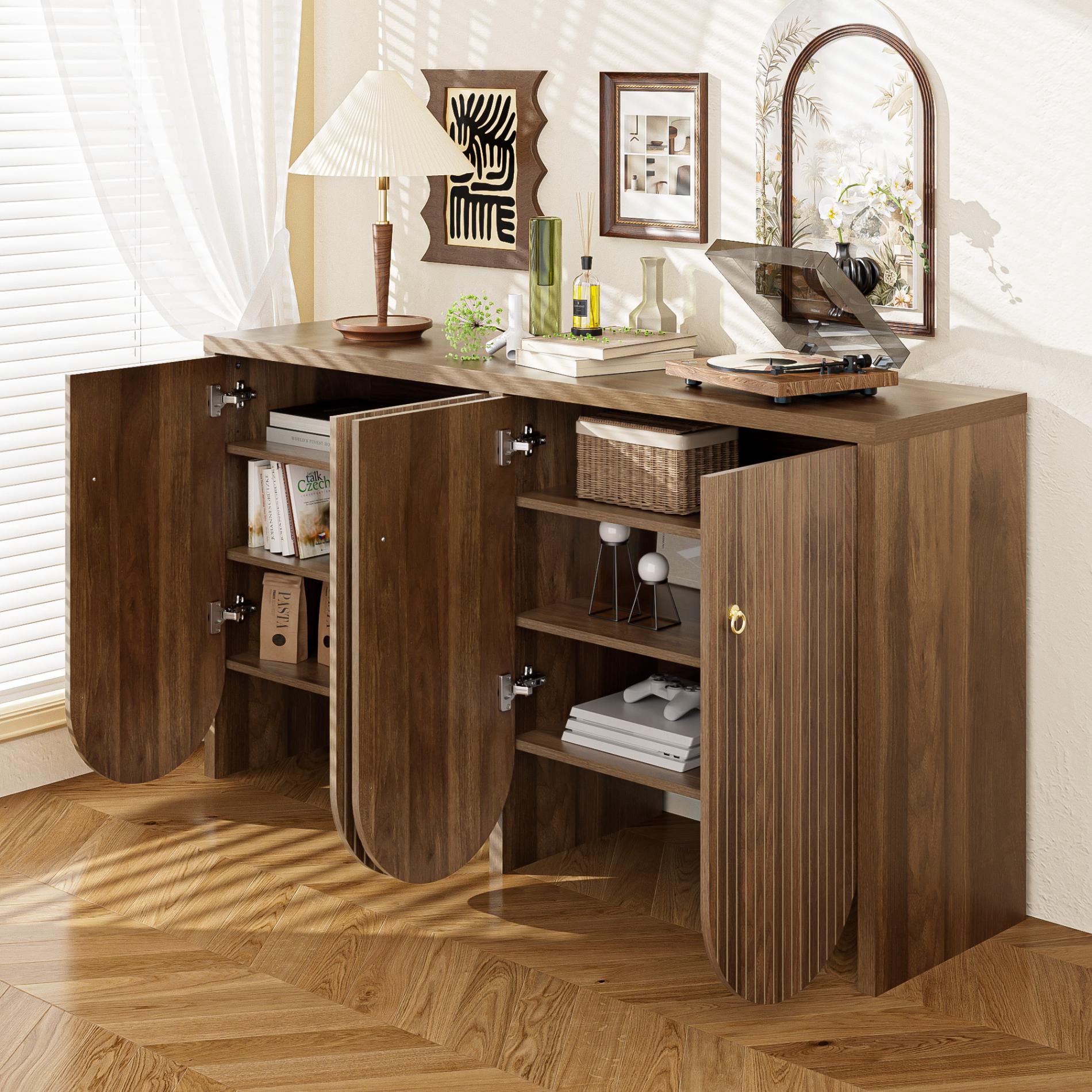 Elegancka orzechowa komoda – 147×40×80 cm z 4 drzwiami, regulowanymi półkami i aluminiowymi uchwytami - 3