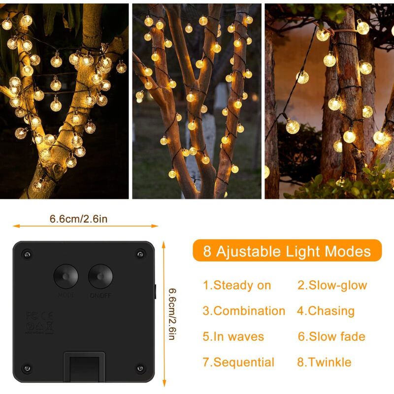 Luzes de corda para áreas externas, 5 m, 20 LEDs, 8 modos, IP65 à prova d'água, para jardim, casamento (branco quente) - 4