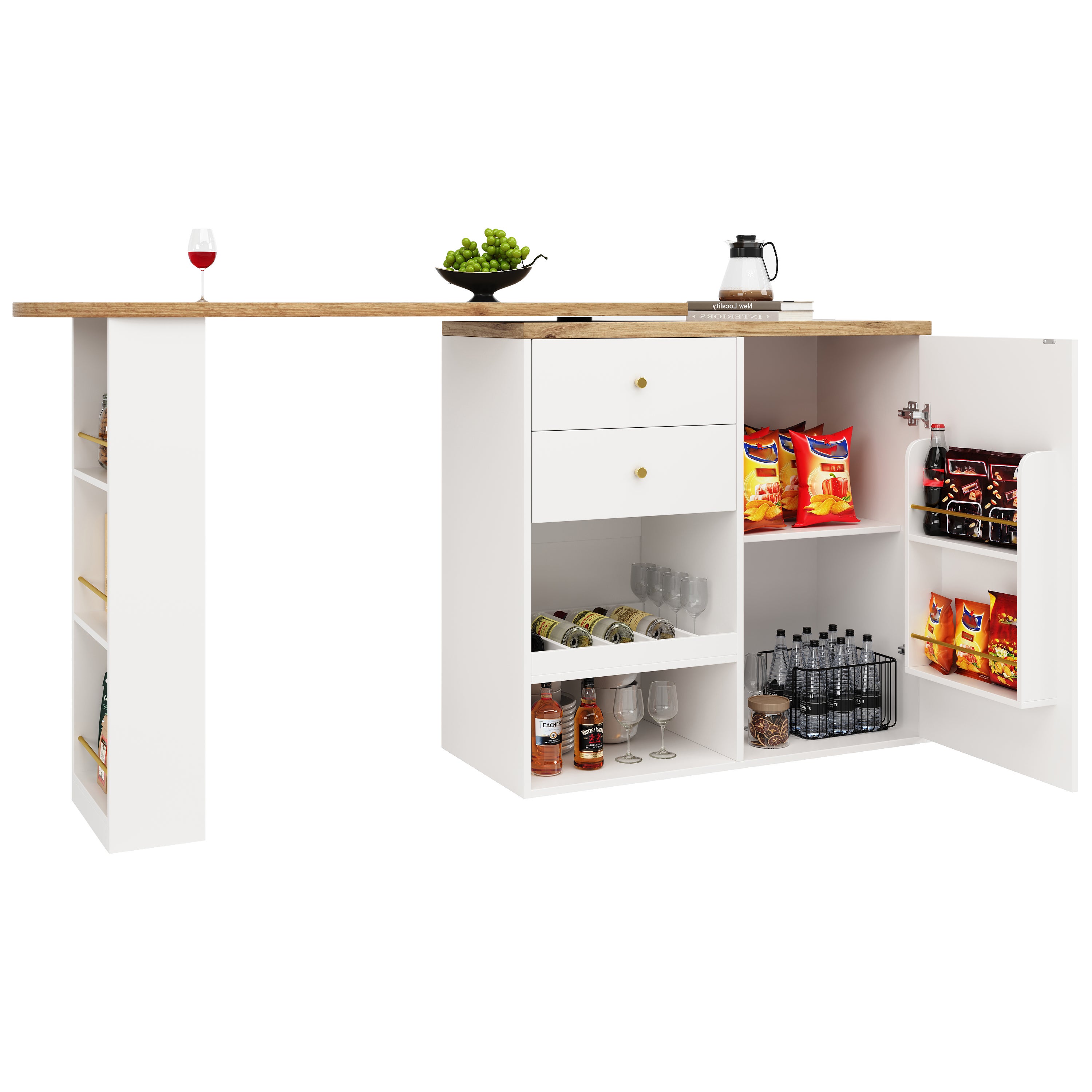 Mesa de bar giratoria de 360° (105 x 39 x 102 cm), con 2 cajones y 3 niveles de almacenamiento abierto, ideal para comedor/oficina.