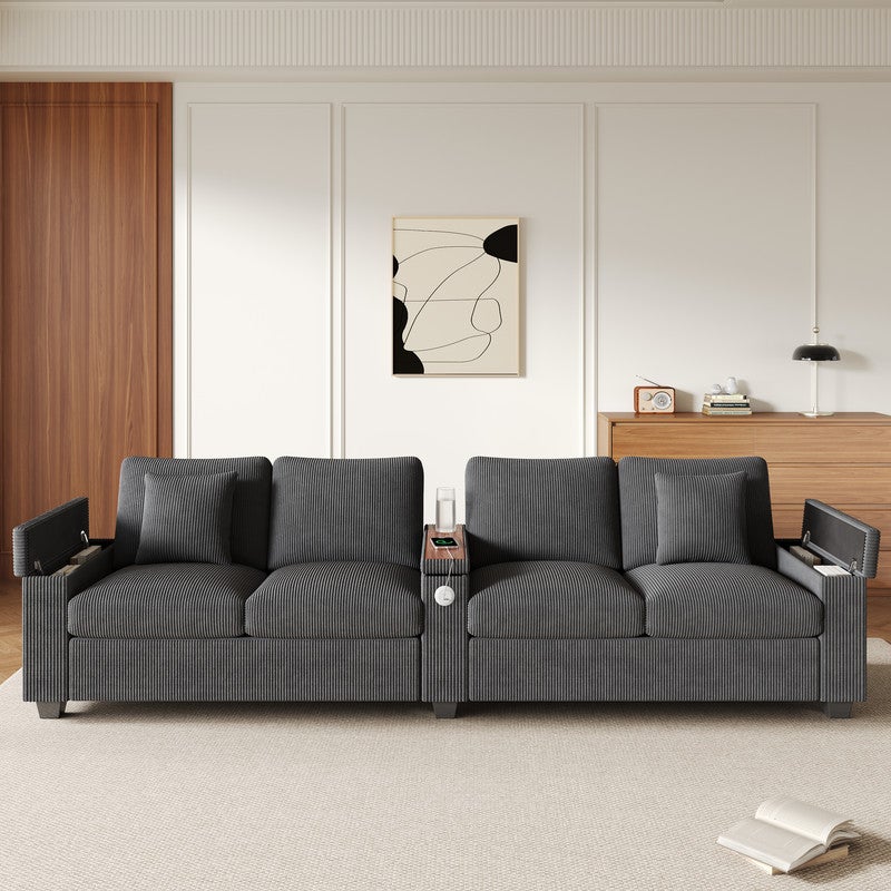Nowoczesna sofa 4-osobowa - z rozkładaną konsolą środkową - z portami ładowania USB/USB-C - szara