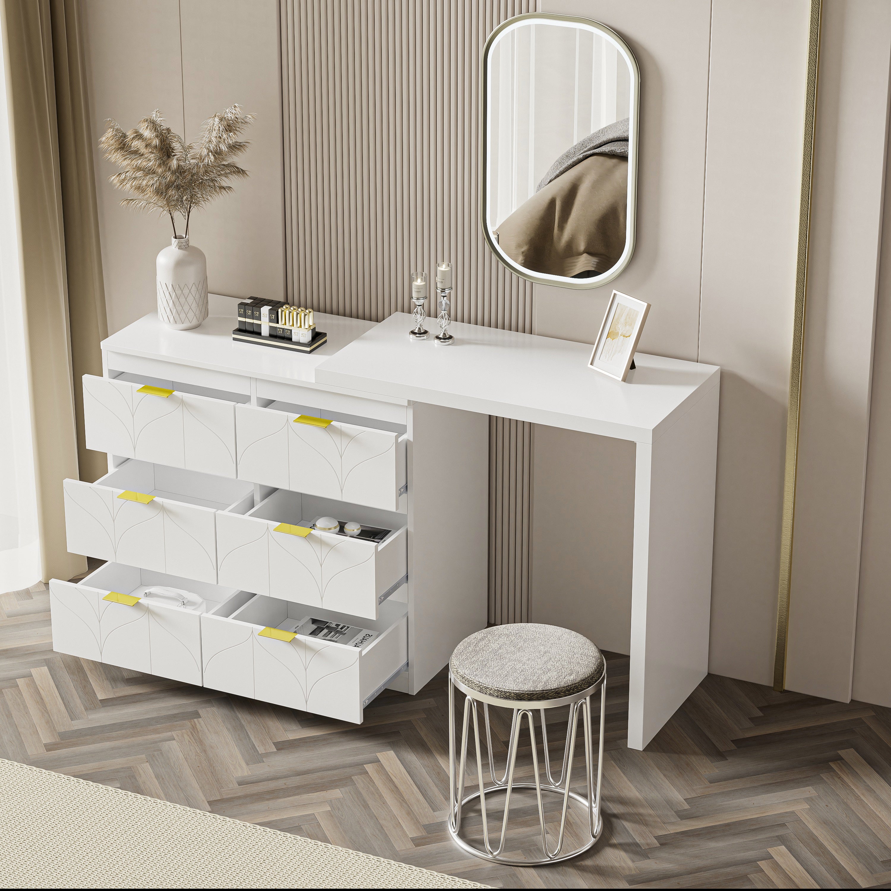 Toilette con tavolino - 6 cassetti e piano girevole a 180° - Legno MDF - Bianco - Senza specchio - 2