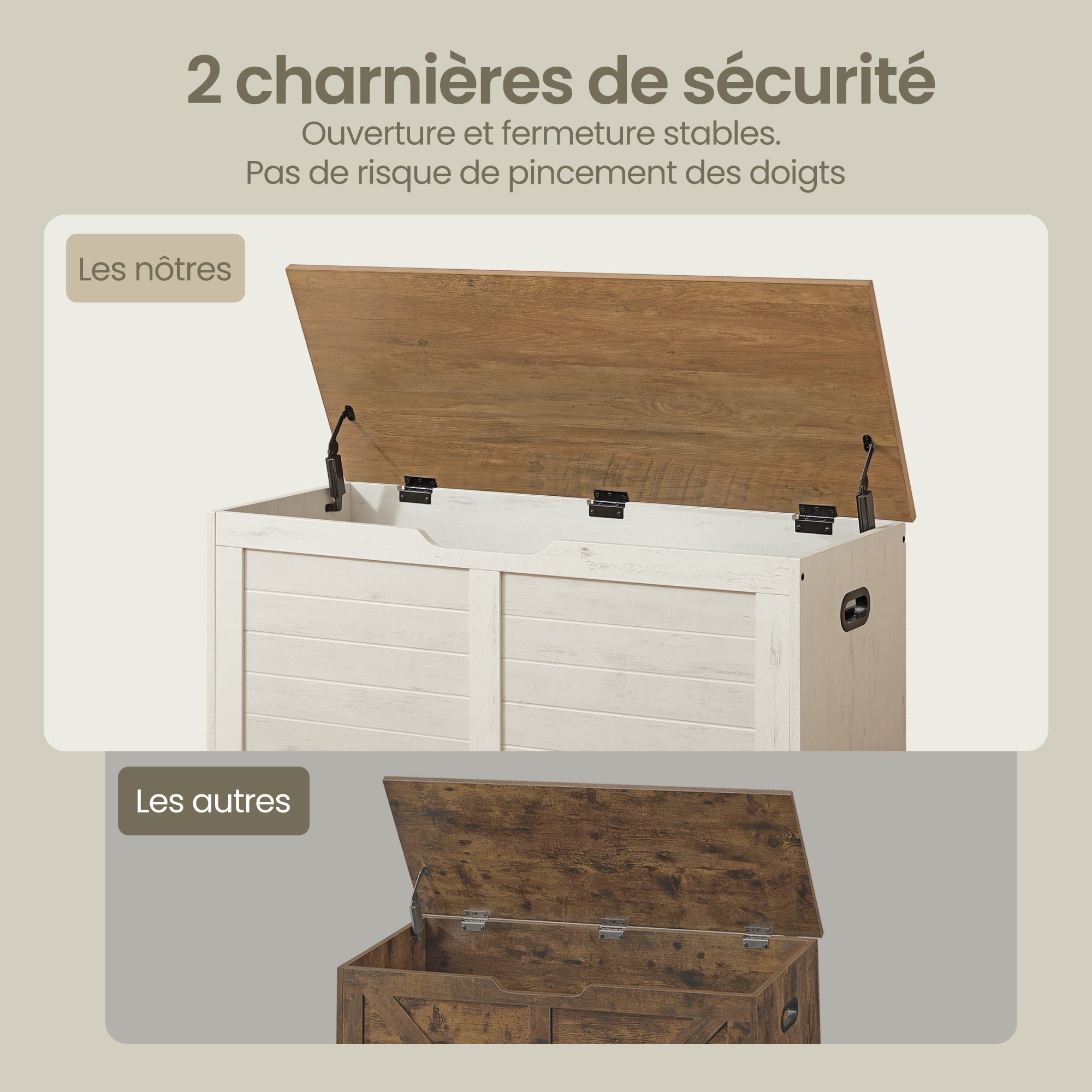 Coffre de Rangement, Banc à Chaussures avec Charnières de Sécurité, pour Salon, Entrée, Chambre, Blanc et Marron - 7
