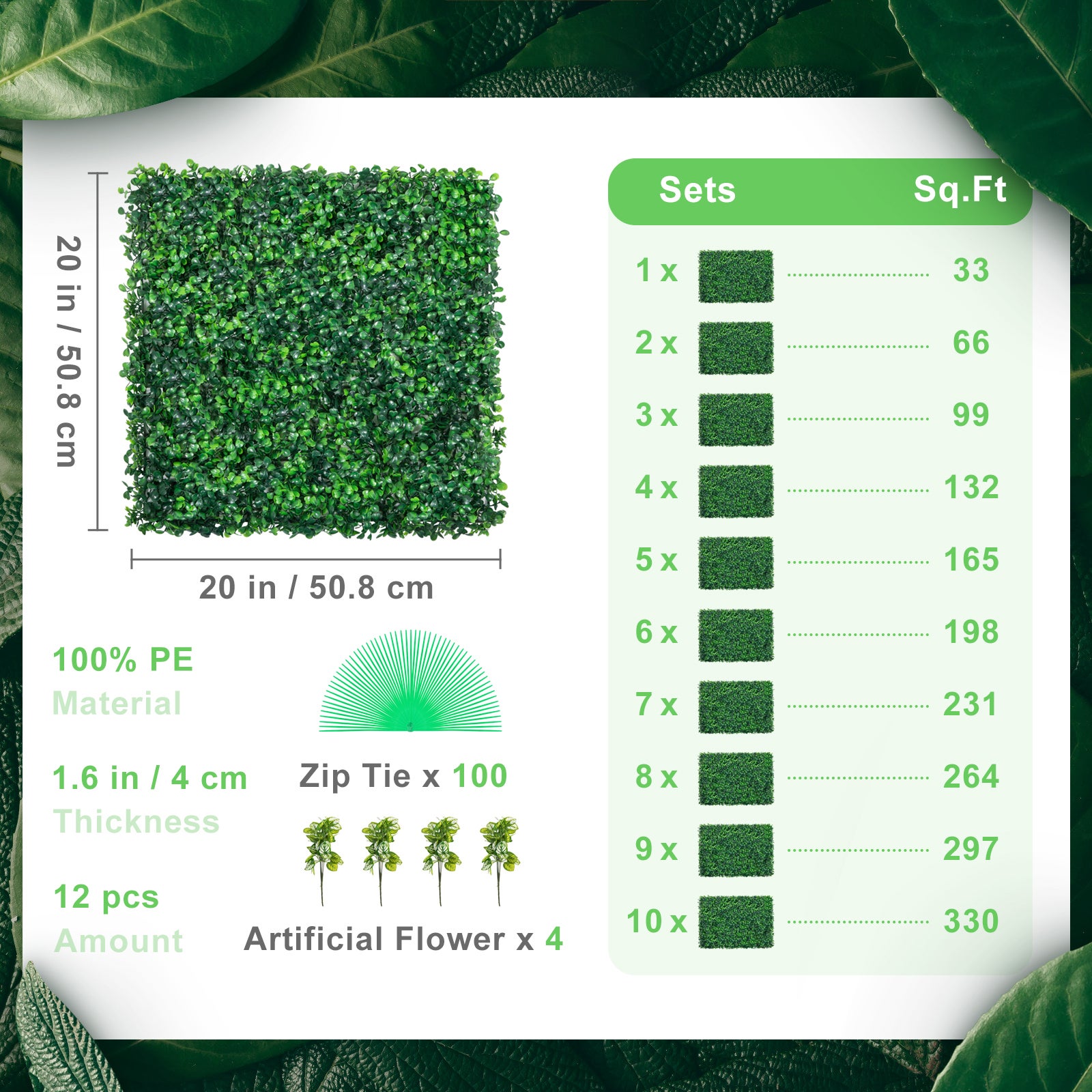 Set di 12 pannelli di bosso artificiale SucceBuy UV, 20 × 20 cm, spessore 4 cm, pannelli murali siepe verde sintetica per recinzione e giardino - 9