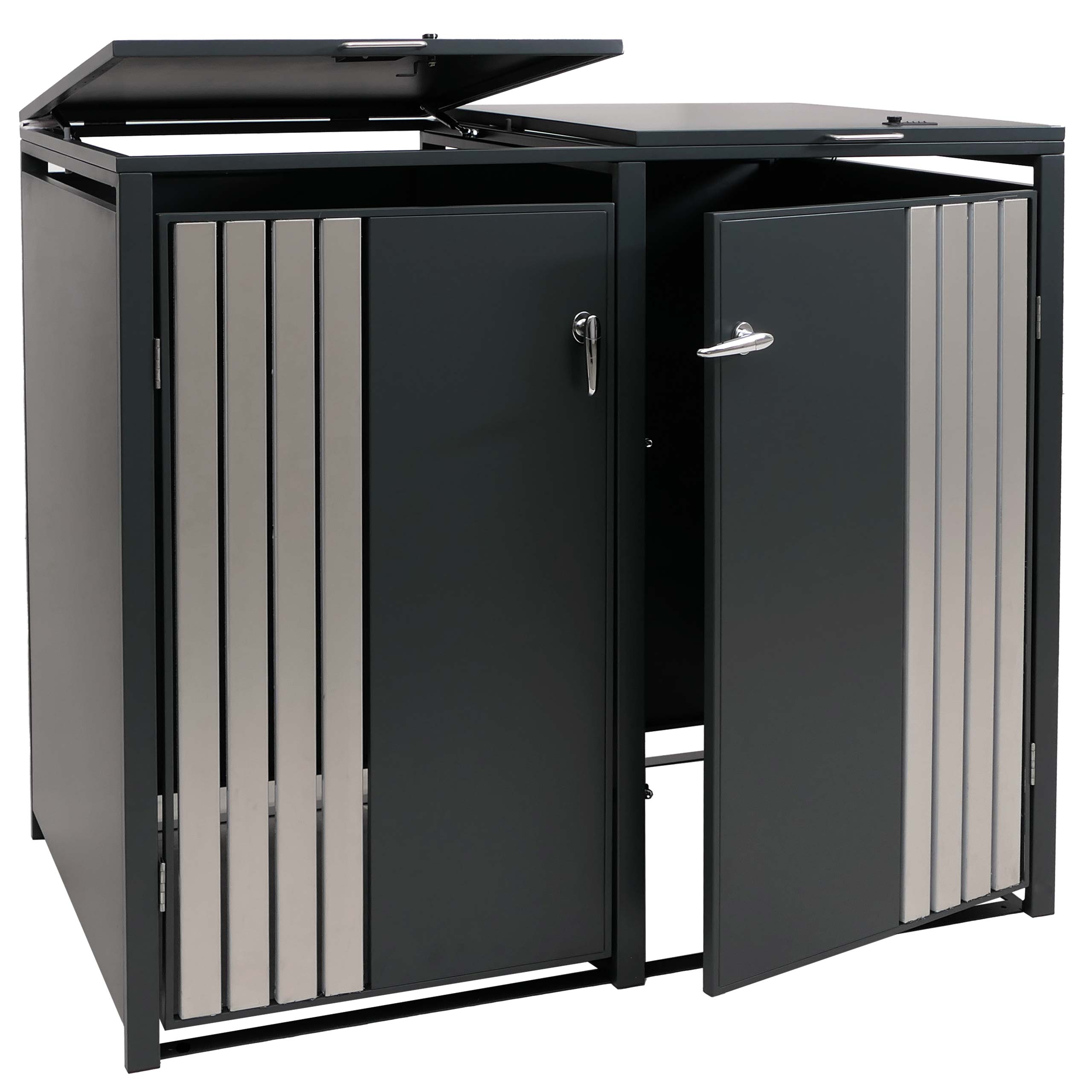 Osłona na dwa pojemniki na śmieci HWC-O67, schowek na pojemniki na śmieci z pokrywą, metal 122 x 132 x 84 cm 53 kg ~ antracytowa stal szlachetna