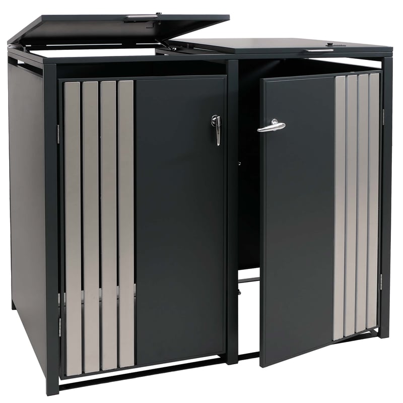 Osłona na dwa pojemniki na śmieci HWC-O67, schowek na pojemniki na śmieci z pokrywą, metal 122 x 132 x 84 cm 53 kg ~ antracytowa stal szlachetna