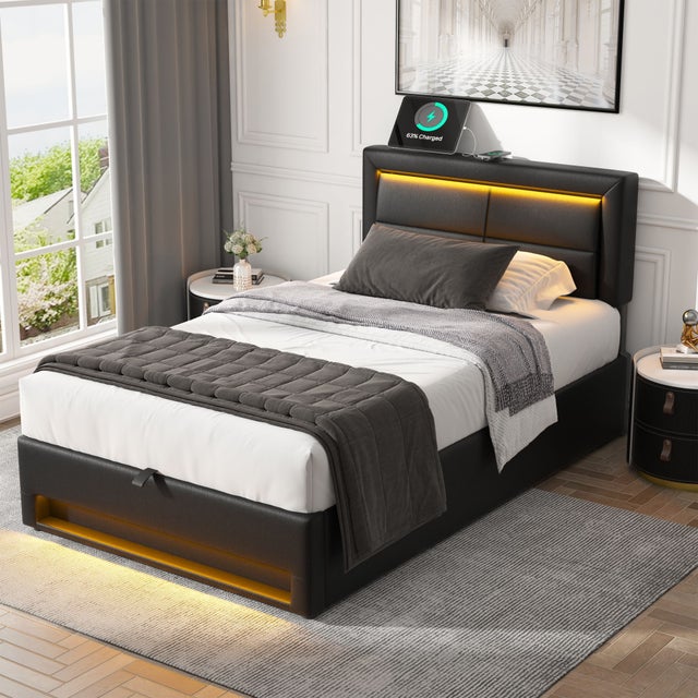 Cama estofada 90 x 200 cm, com porta USB (carregamento sem fios e com fios), iluminação LED e espaço de arrumação, preto