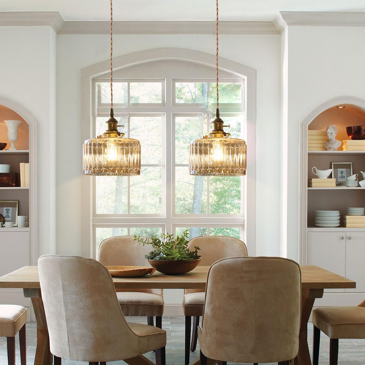 Żyrandole LED ze szklanymi kloszami – mosiądz i prążkowane szkło, Ø 17 cm, bursztynowy, eleganckie oświetlenie do nowoczesnych wnętrz - 4