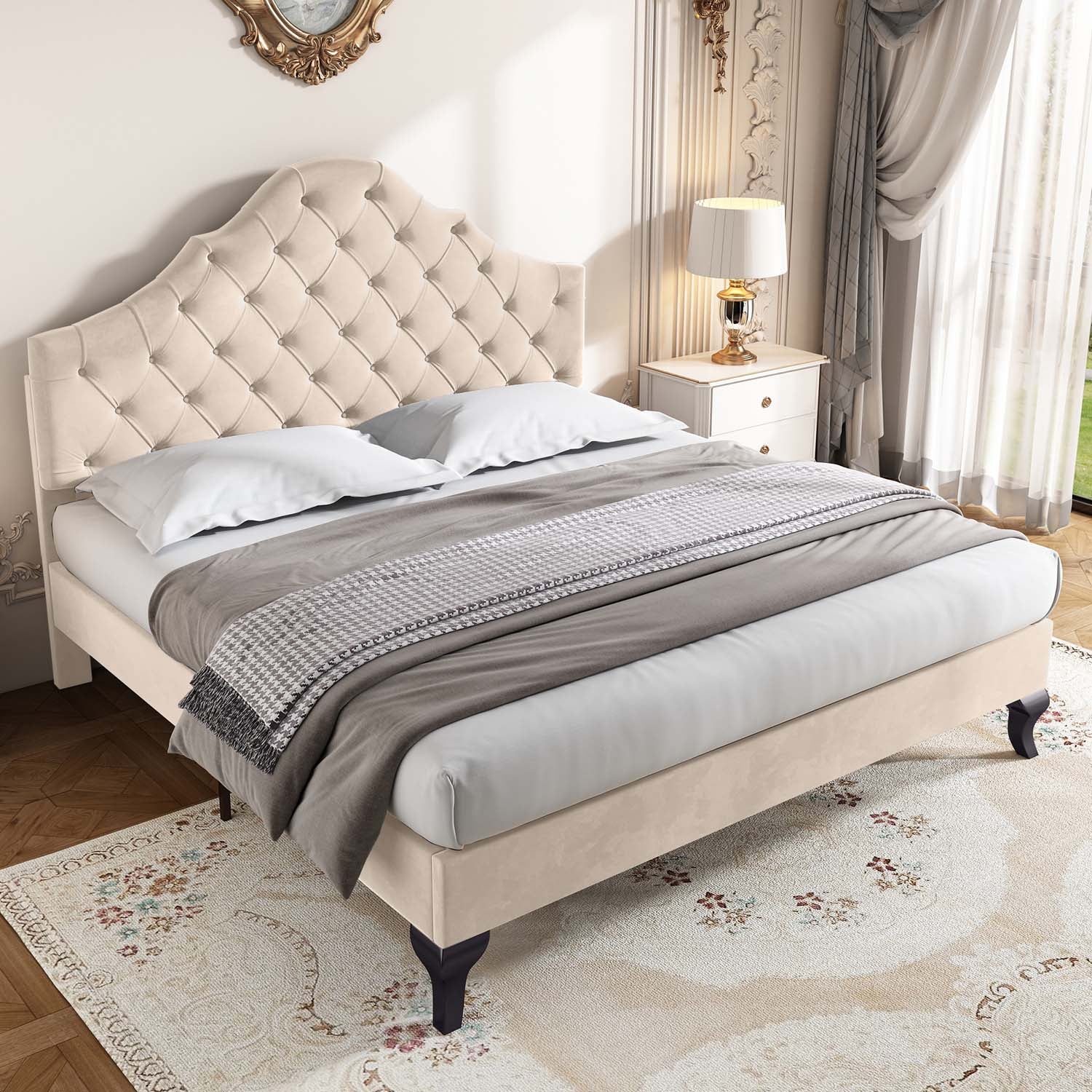 Cama tapizada 140x190cm en terciopelo con cabecero regulable + somier - Beige - 2