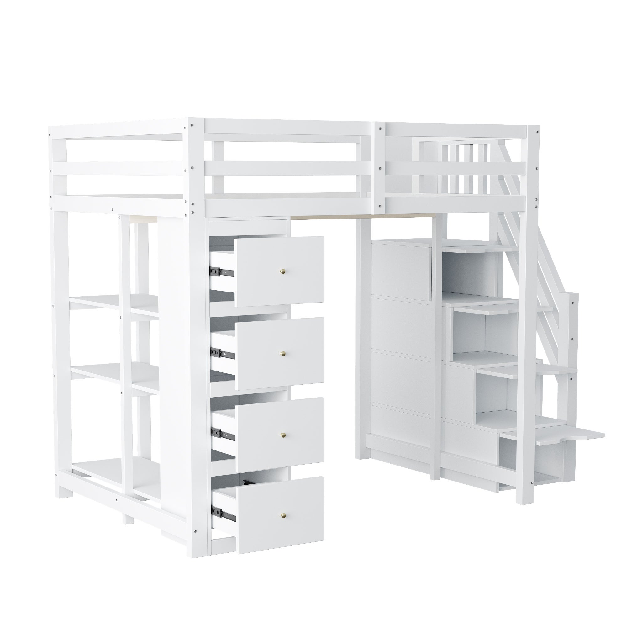 Łóżko mezzanine 140x200cm z litego drewna - z 4 szufladami i schodami do przechowywania - Białe (materac nie jest w zestawie) - 6