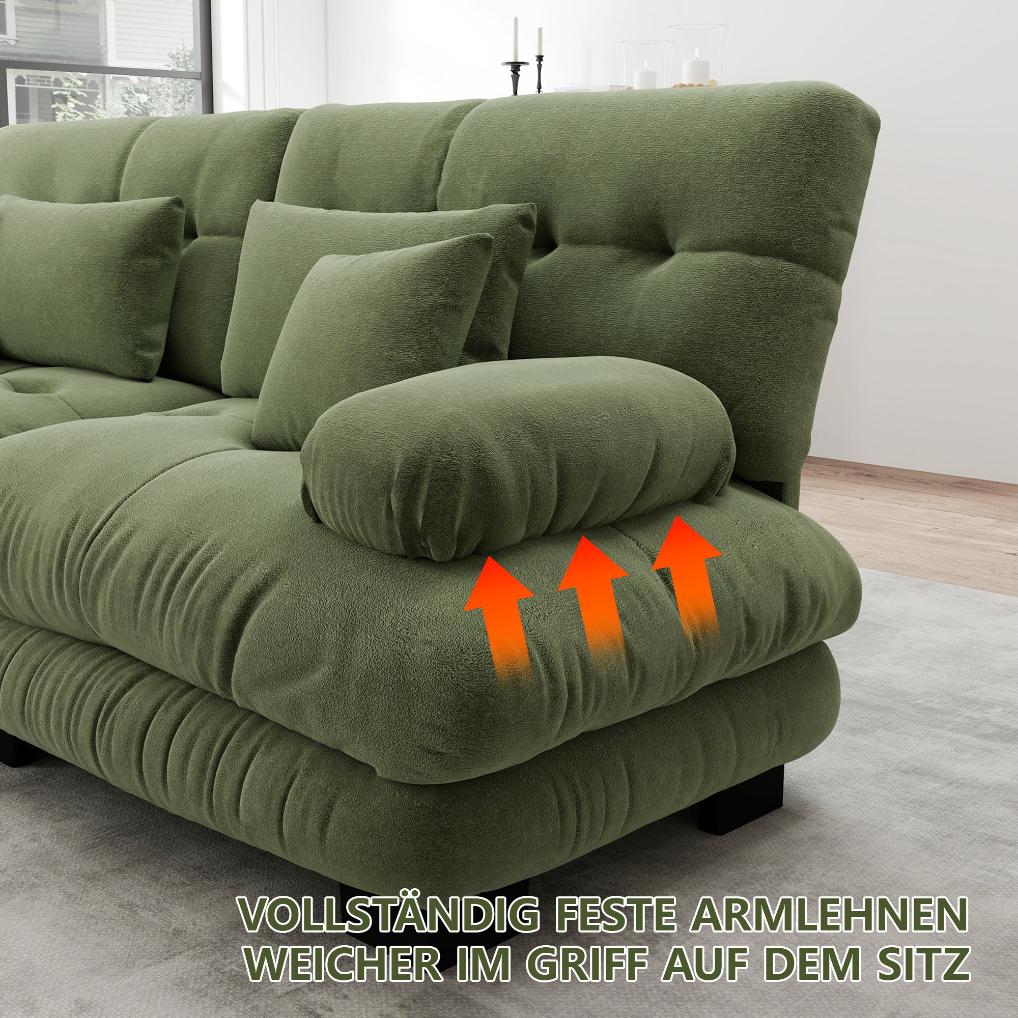 Canapé d'angle extra large en forme de L,Canapé nuage 3 places avec 1 repose-pieds,Canapé modulable avec coussins lombaires,Chenille,Vert - 6
