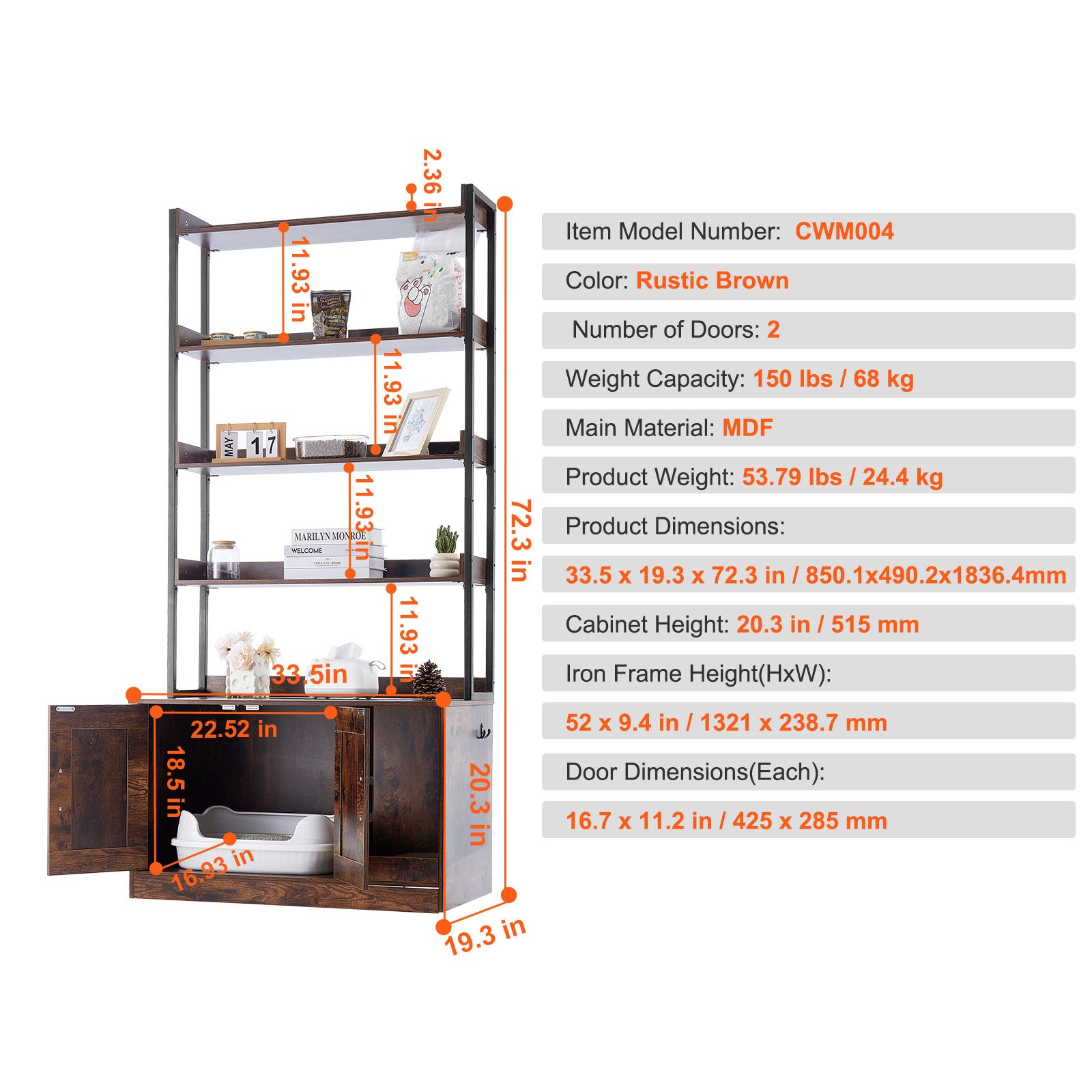 Trayage de litière pour chats enceintes,SucceBuy meubles avec 4 étagères,grande armoire pour la plupart des poubelles,33,5 x 19,3 x 72,3 pouces - 9