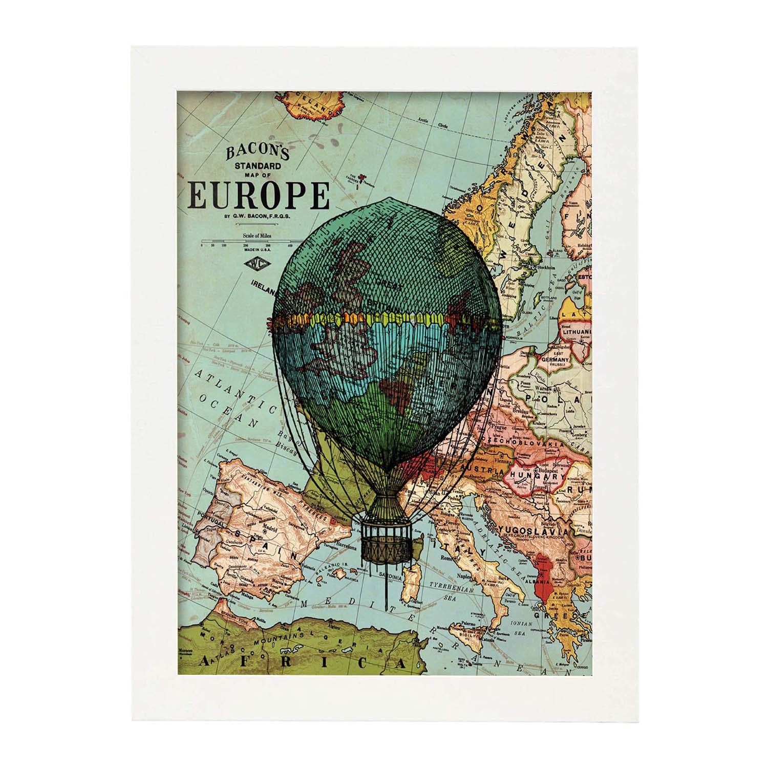 Poster de globo azul sobre europa. láminas de globos aeroestaticos. diseño con imagenes de globos. marco negro - a3