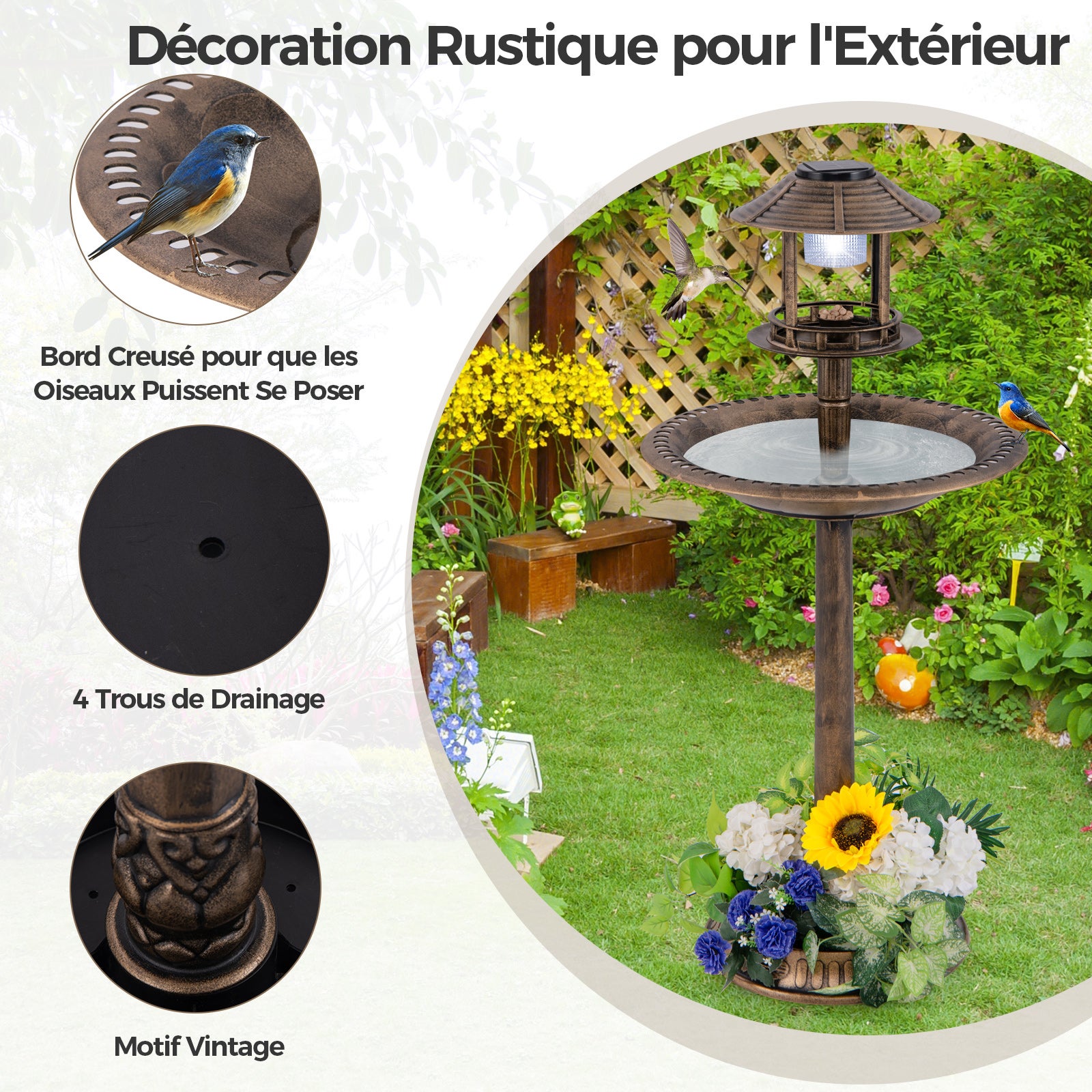 Banheira para pássaros 3 em 1 com energia solar, decoração exterior com suporte retroiluminado com lâmpada, bebedouro leve para pássaros para jardim, - 8