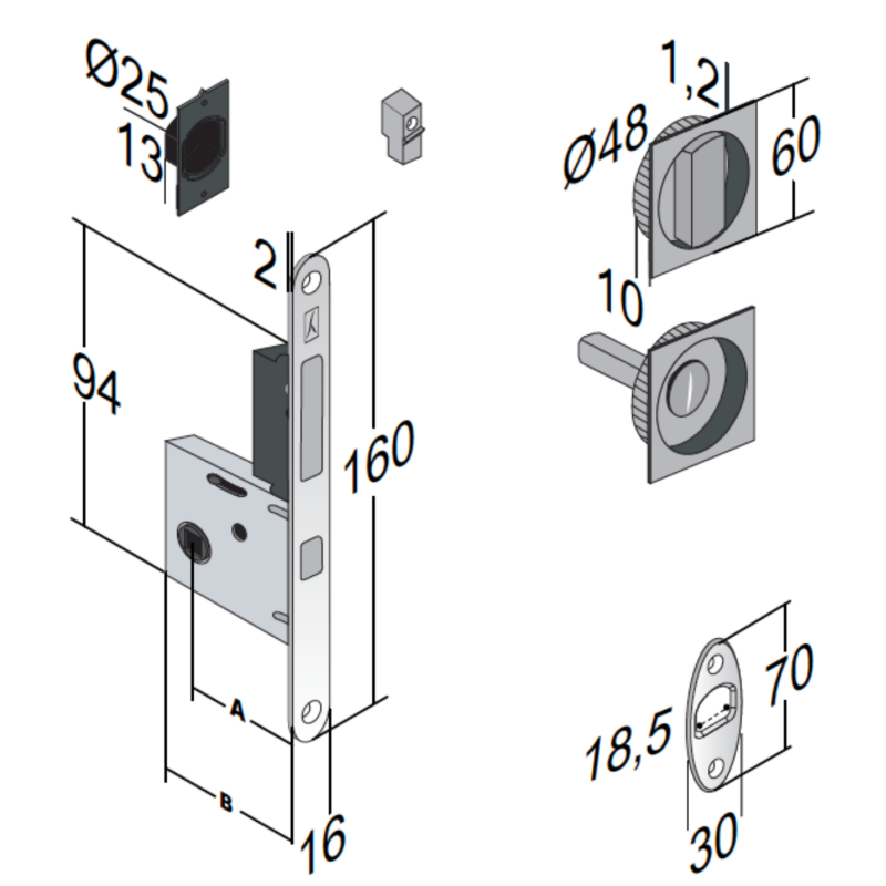 Serrure porte coulissante à crochet - Axe 50mm - Rosaces carrées condamnation + gache à condamnation - Bonaiti - 2