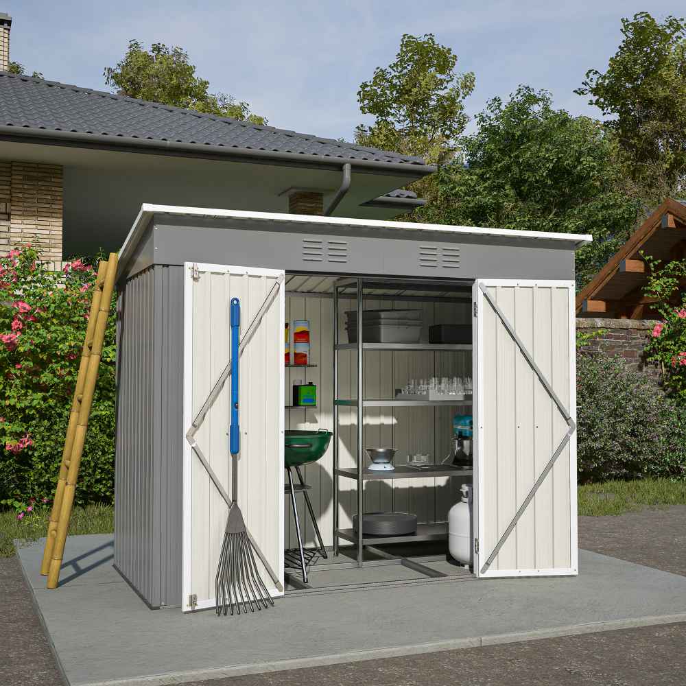 Metalowa szopa ogrodowa 8x4 stóp ze stalowym fundamentem, spadzistym dachem, zamykanymi drzwiami i zintegrowaną wentylacją