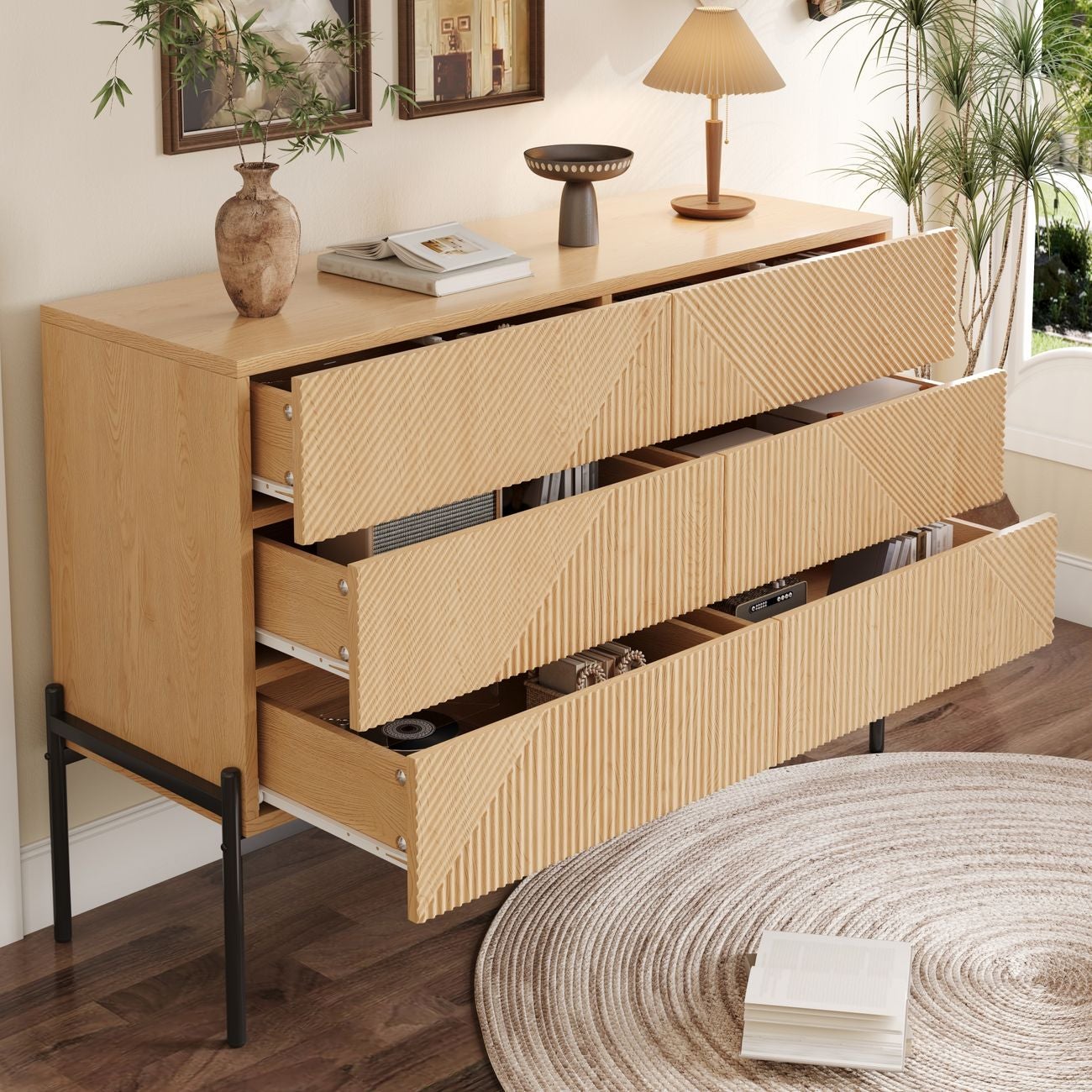Buffet texture 3D six tiroirs meuble de rangement multifonctionnel ...