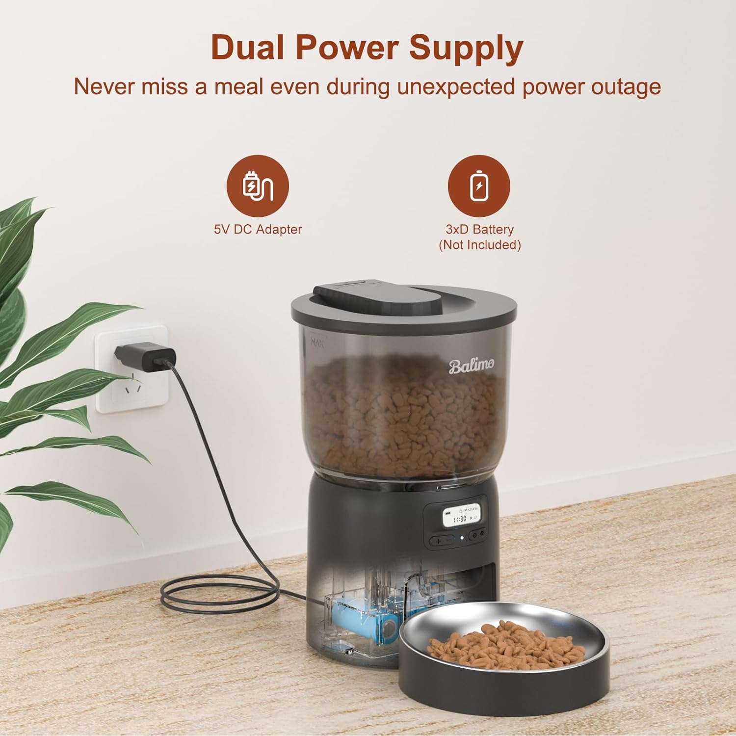 Balimopet Distributeur de Croquettes Automatique 3L pour Chats/Chiens ,Bol avec acier inoxydable,Noir - 3
