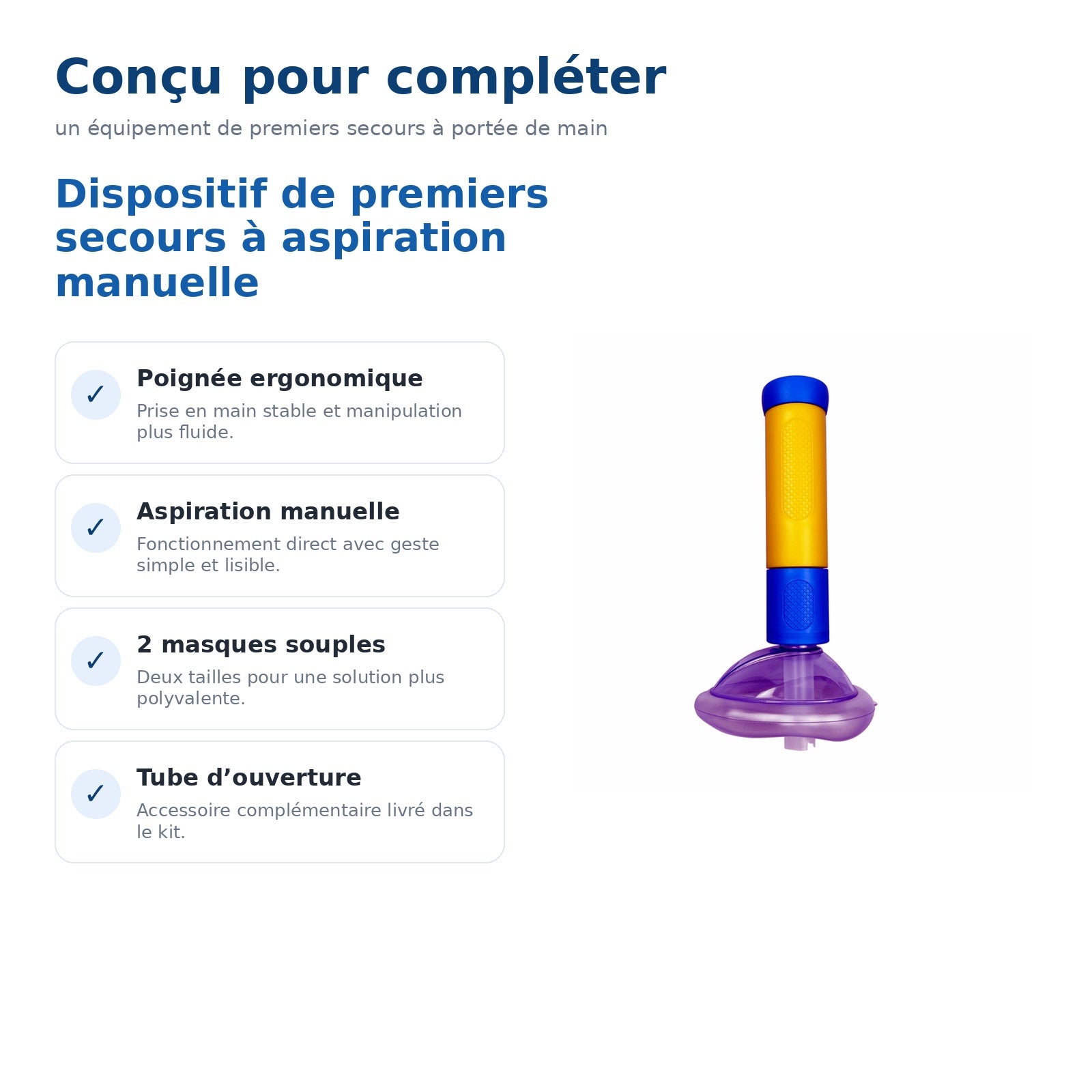 Dispositif de premiers secours à aspiration manuelle avec poignée ergonomique, 2 masques souples et tube d’ouverture - 3