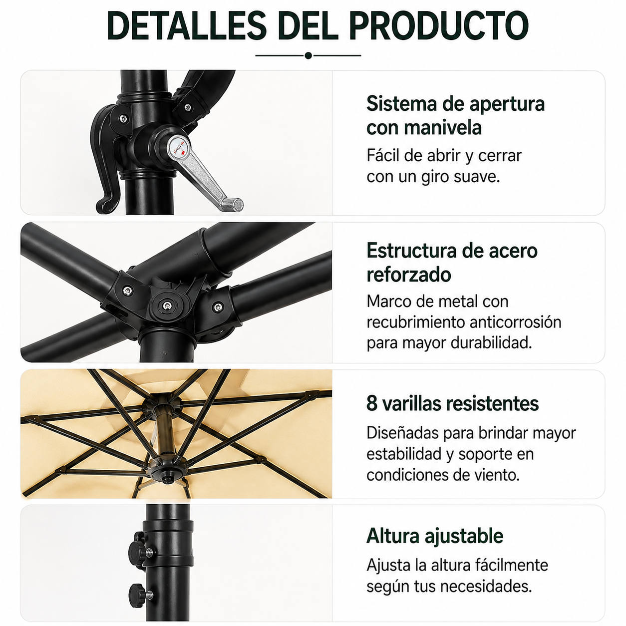 Parasol latéral 3 mètres inclinable 360° avec mât et manivelle beige sans base - 6
